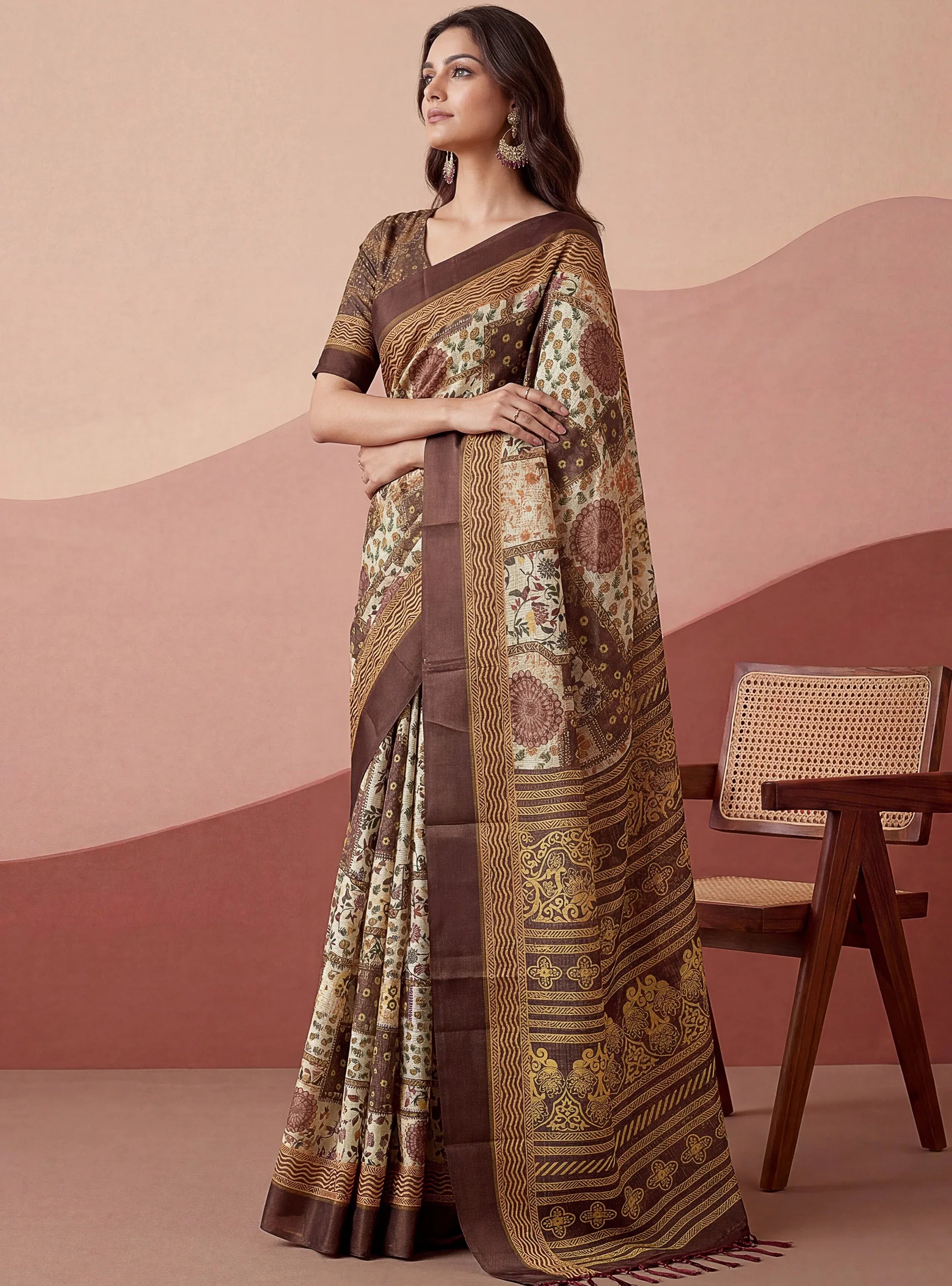 Elegant Brown Digital Printed Silk Casual Wear Saree With Blouse