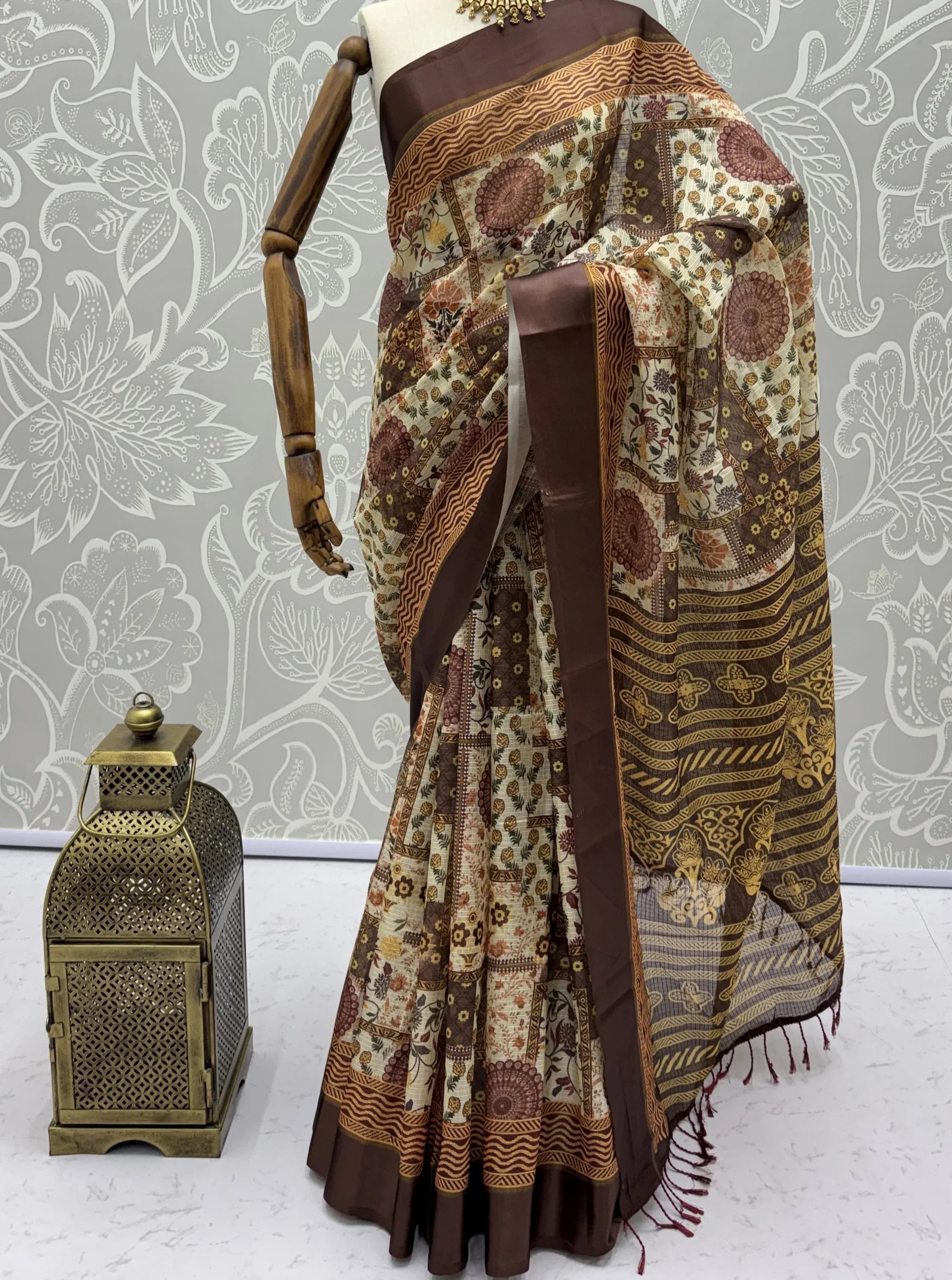 Elegant Brown Digital Printed Silk Casual Wear Saree With Blouse