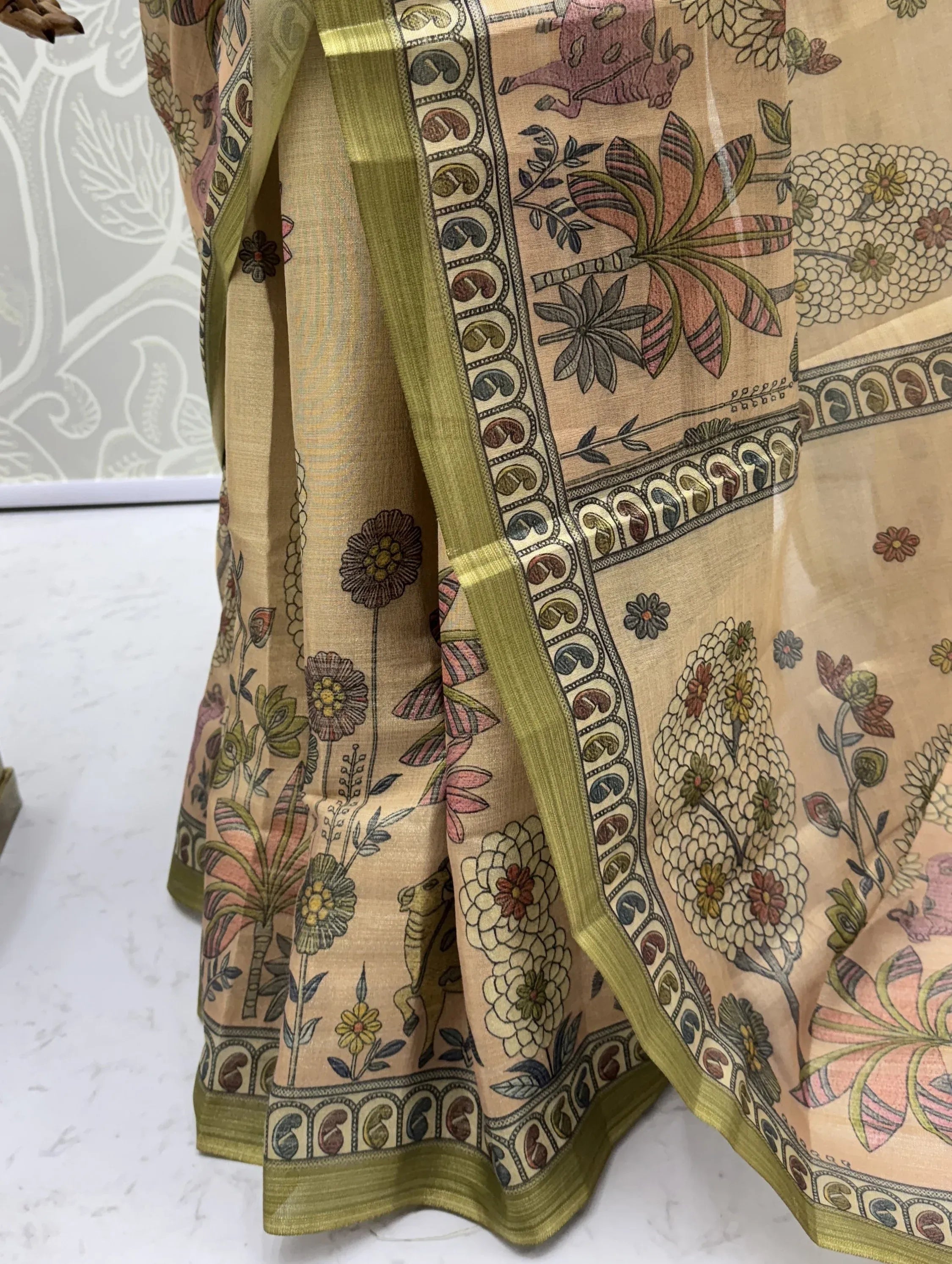 Attractive Beige Floral Printed Silk Office Wear Saree With Blouse