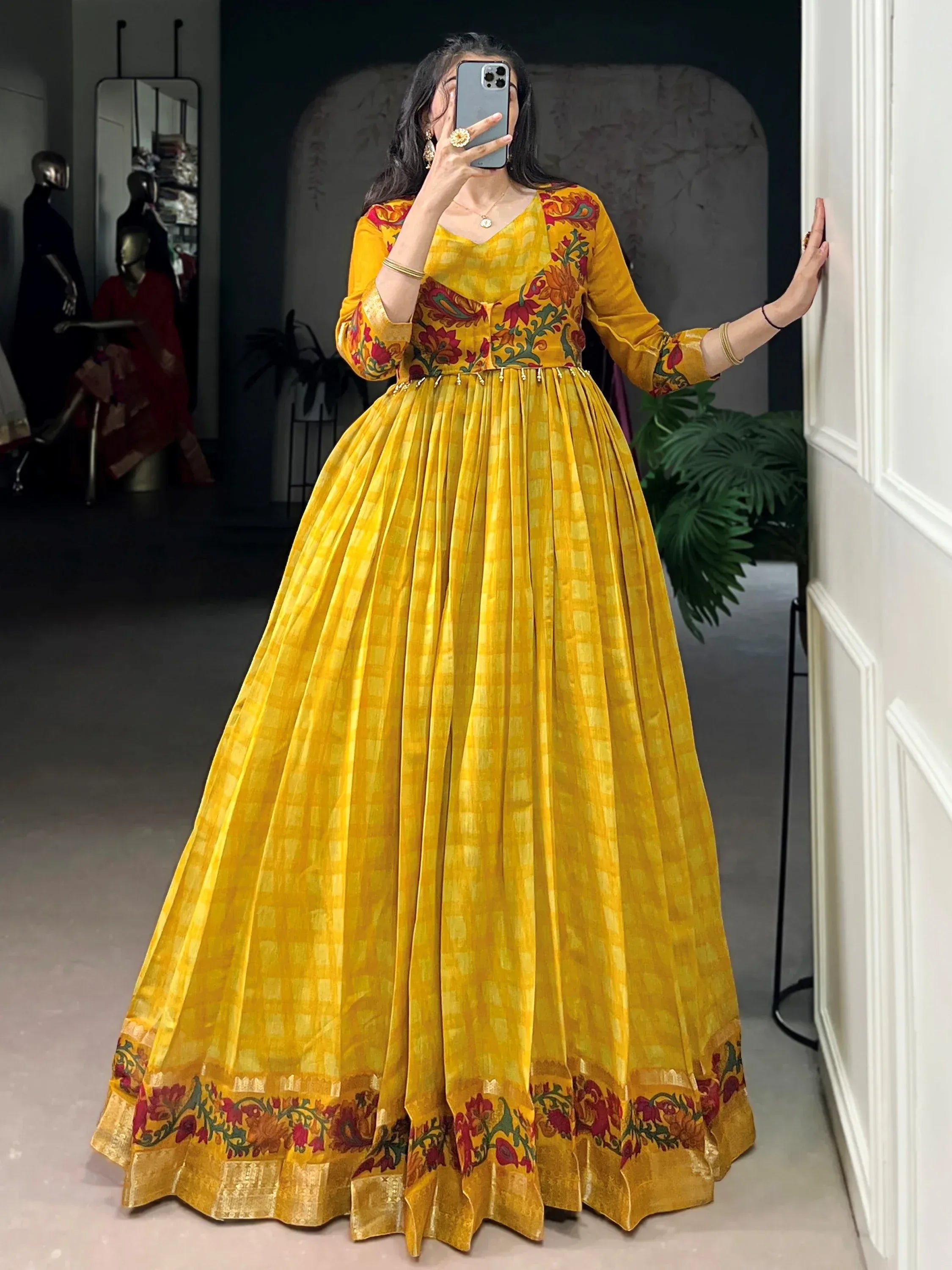 Rich Mustard Yellow Zari Weaving Chanderi Haldi Wear Gown With Koti