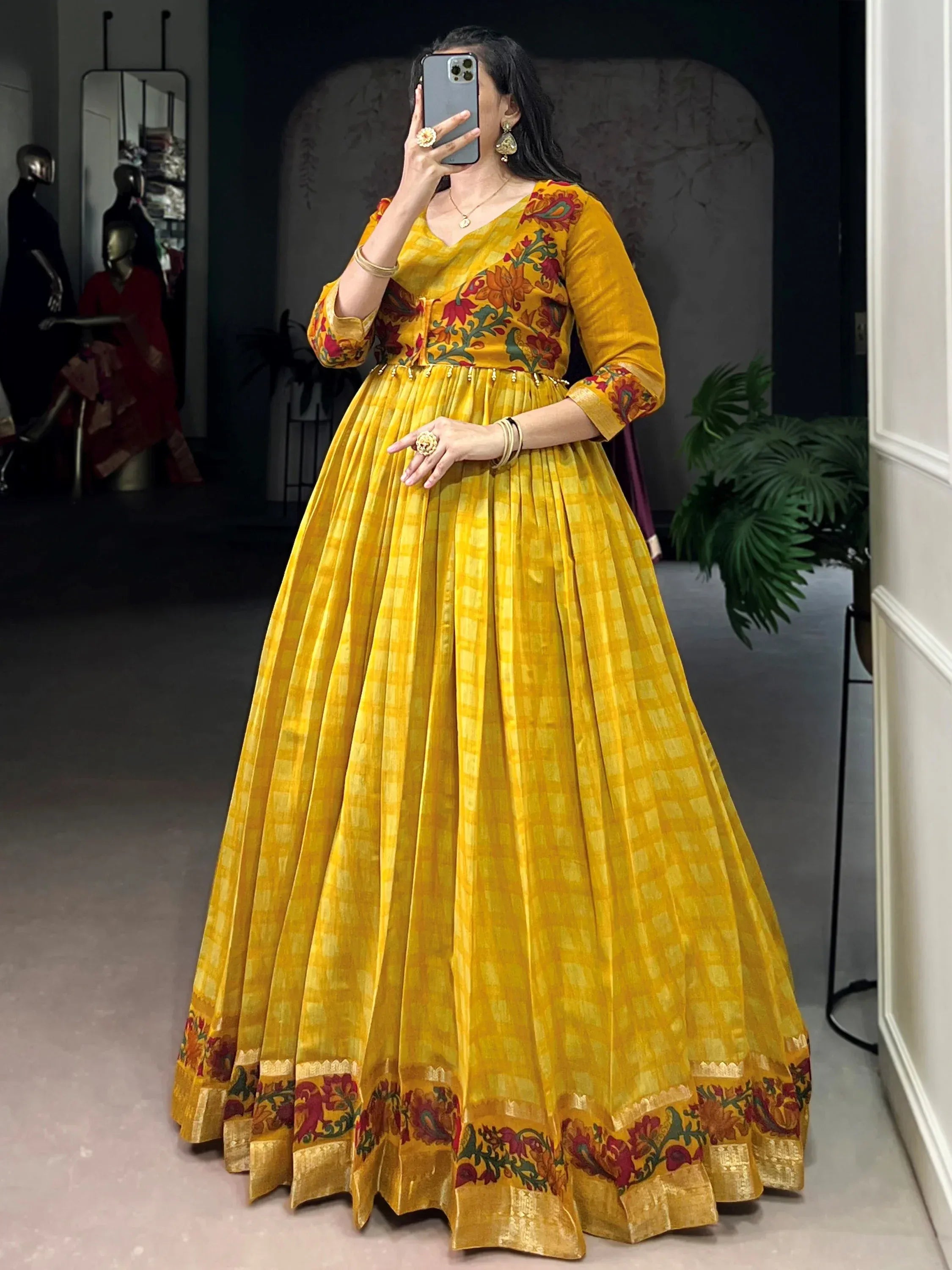 Rich Mustard Yellow Zari Weaving Chanderi Haldi Wear Gown With Koti