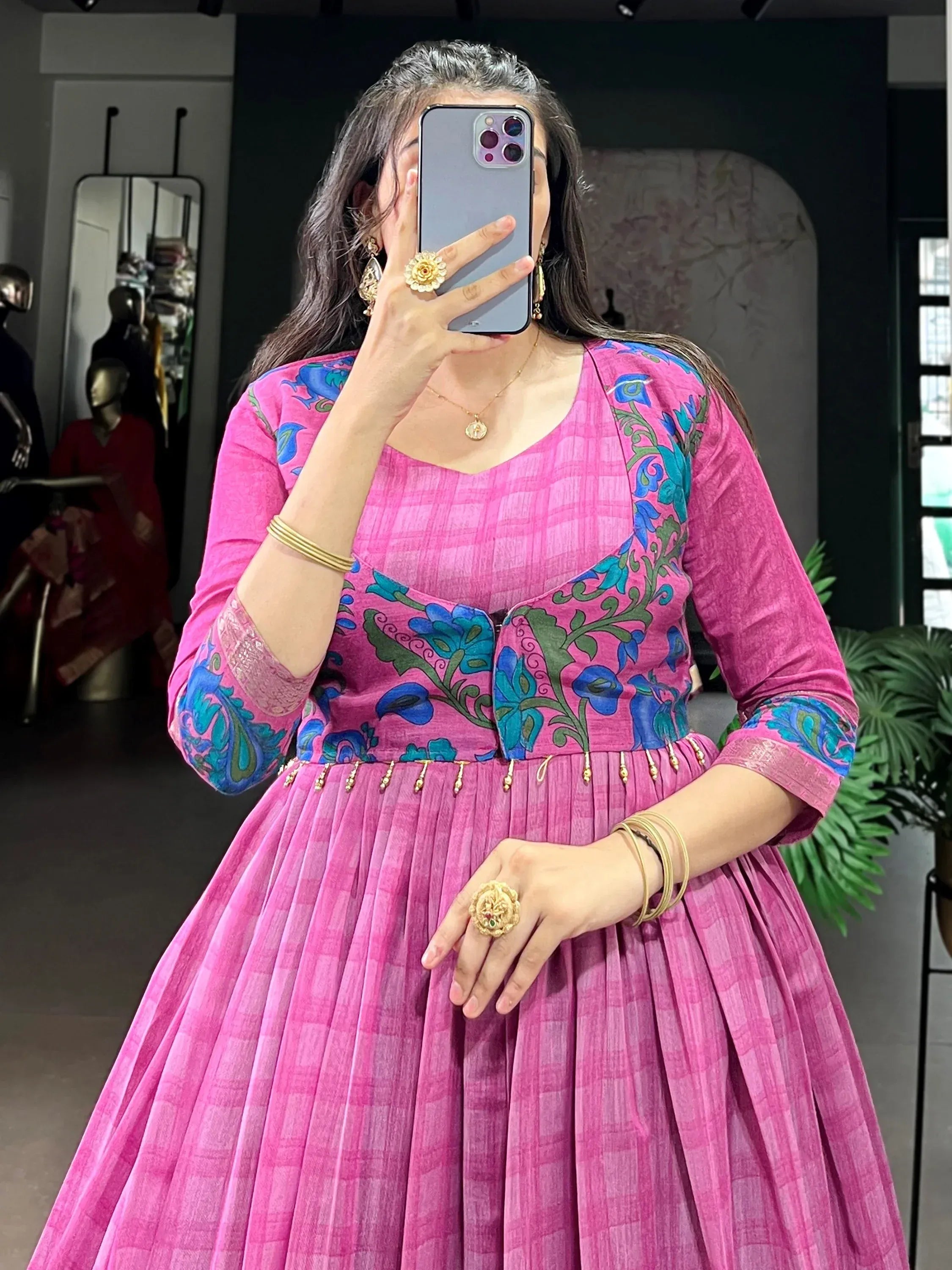 Glowing Pink Checks Printed Chanderi Traditional Gown With Koti