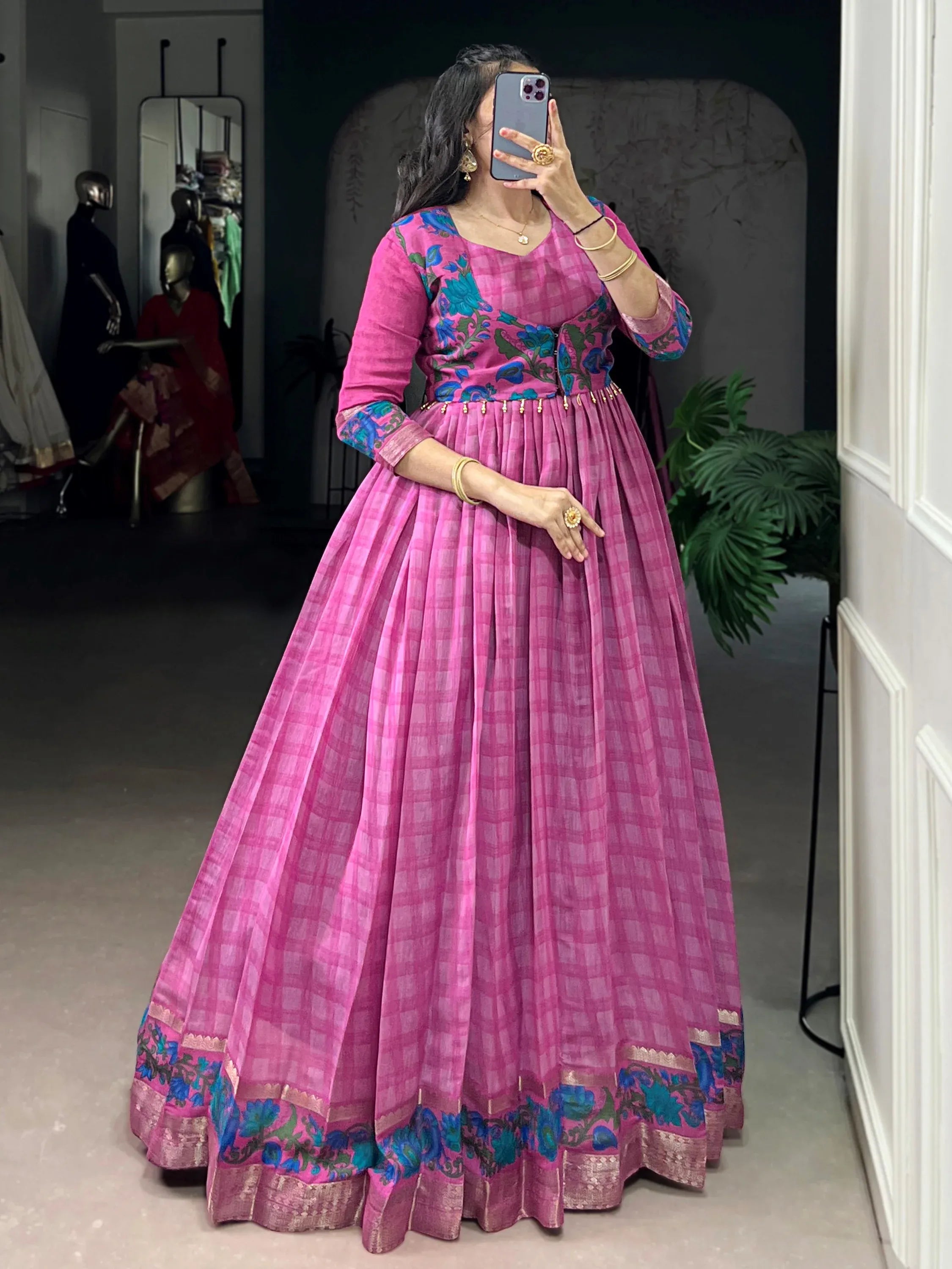 Glowing Pink Checks Printed Chanderi Traditional Gown With Koti