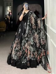 Spectacular Black Floral Printed Silk Function Wear Gown With Dupatta