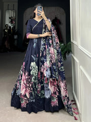 Ravishing Navy Blue Floral Printed Tussar Silk Traditional Gown