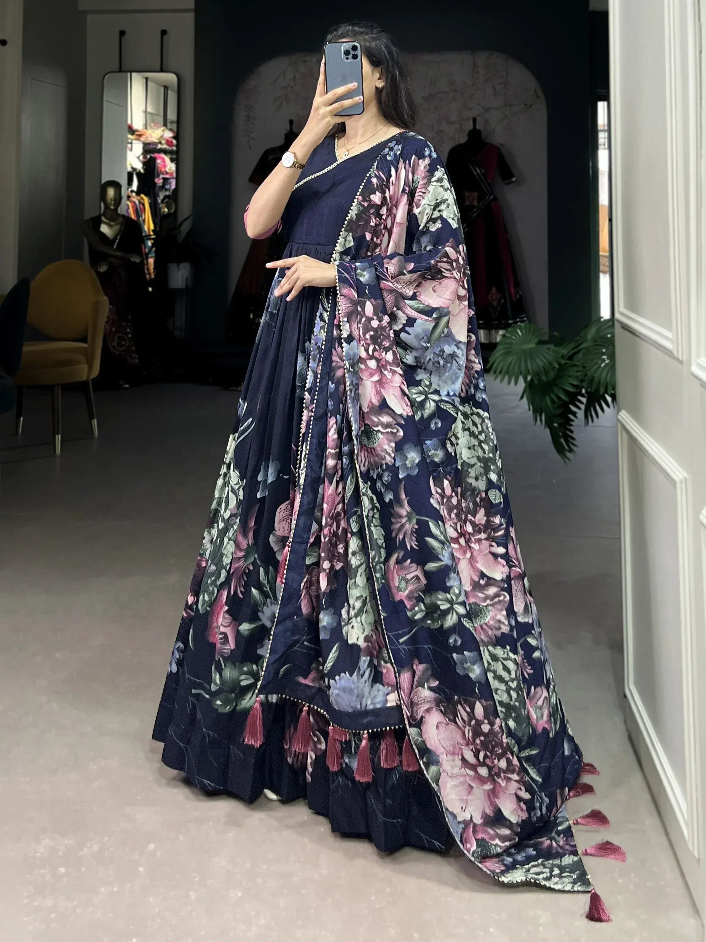 Navy blue floral lehenga choli with tassels, perfect for Indian ethnic wear occasions