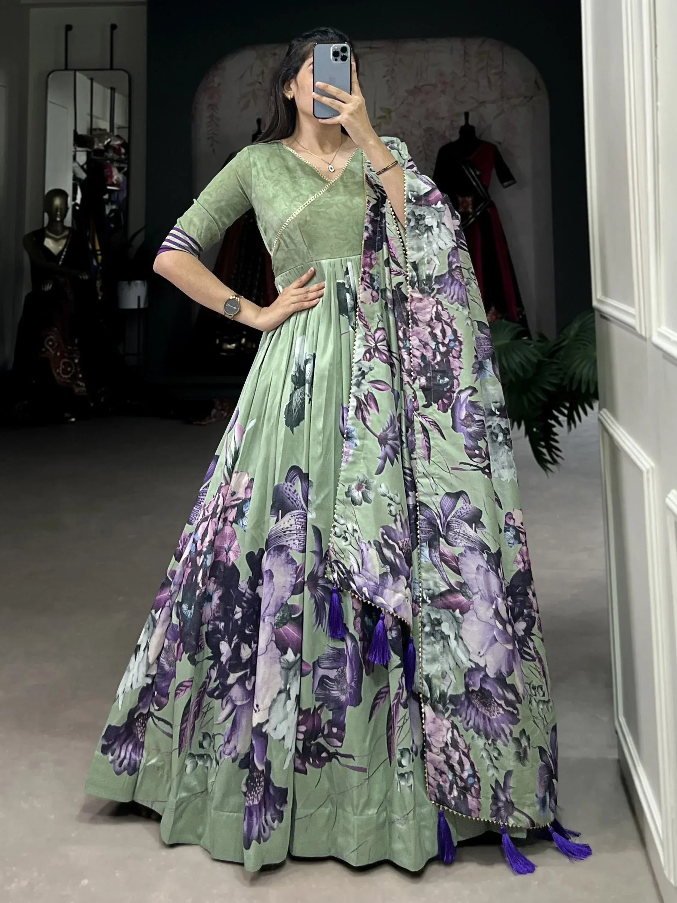 Green floral anarkali with purple tassels, ethnic Indian wear for women