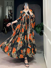 Lovely Orange Floral Print Georgette Casual Wear Gown With Dupatta