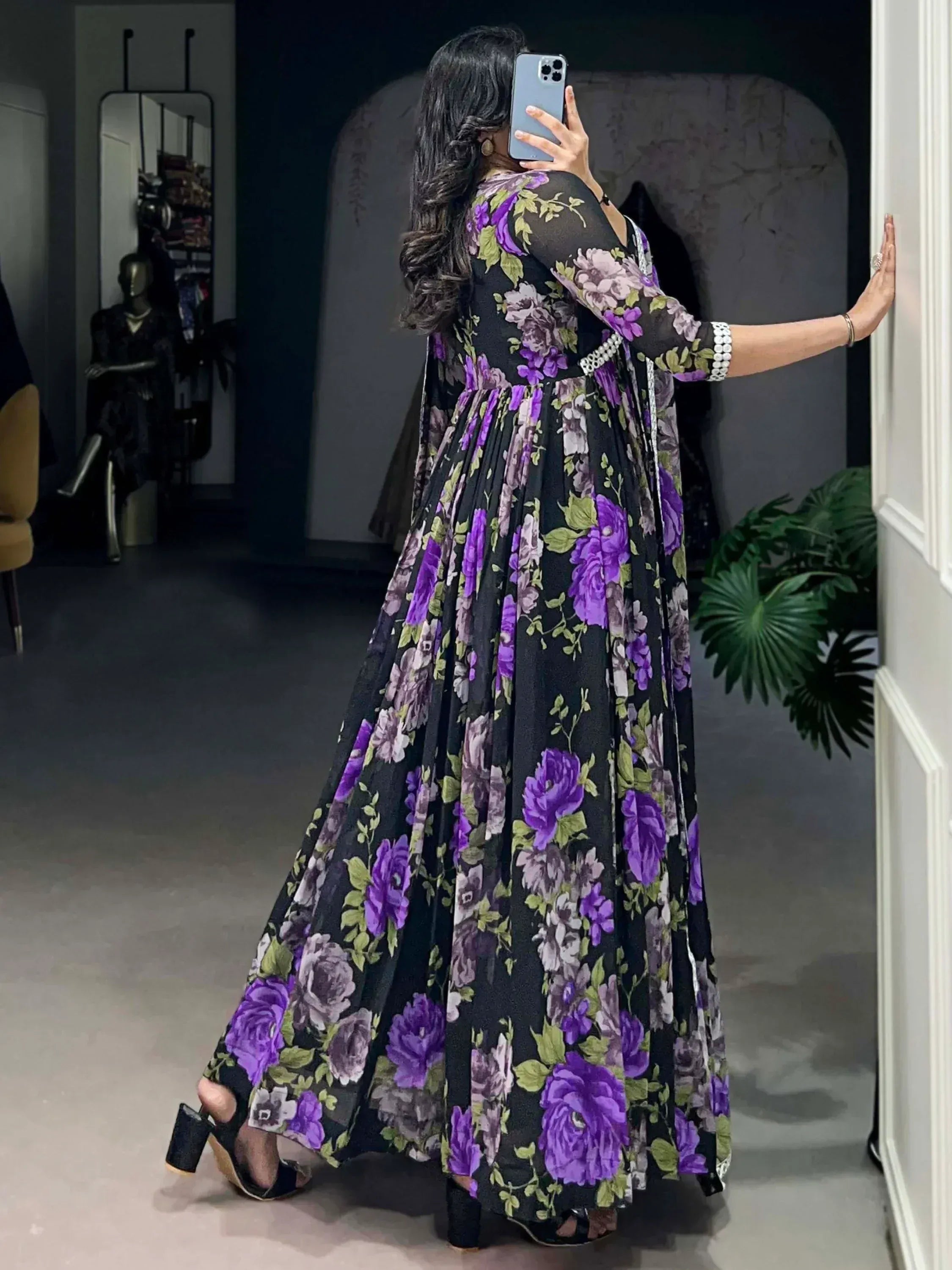 Black floral ethnic gown with purple roses, perfect for Indian occasions and parties