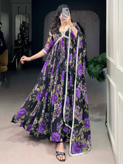 Stunning Purple Floral Print Georgette Gown With Dupatta