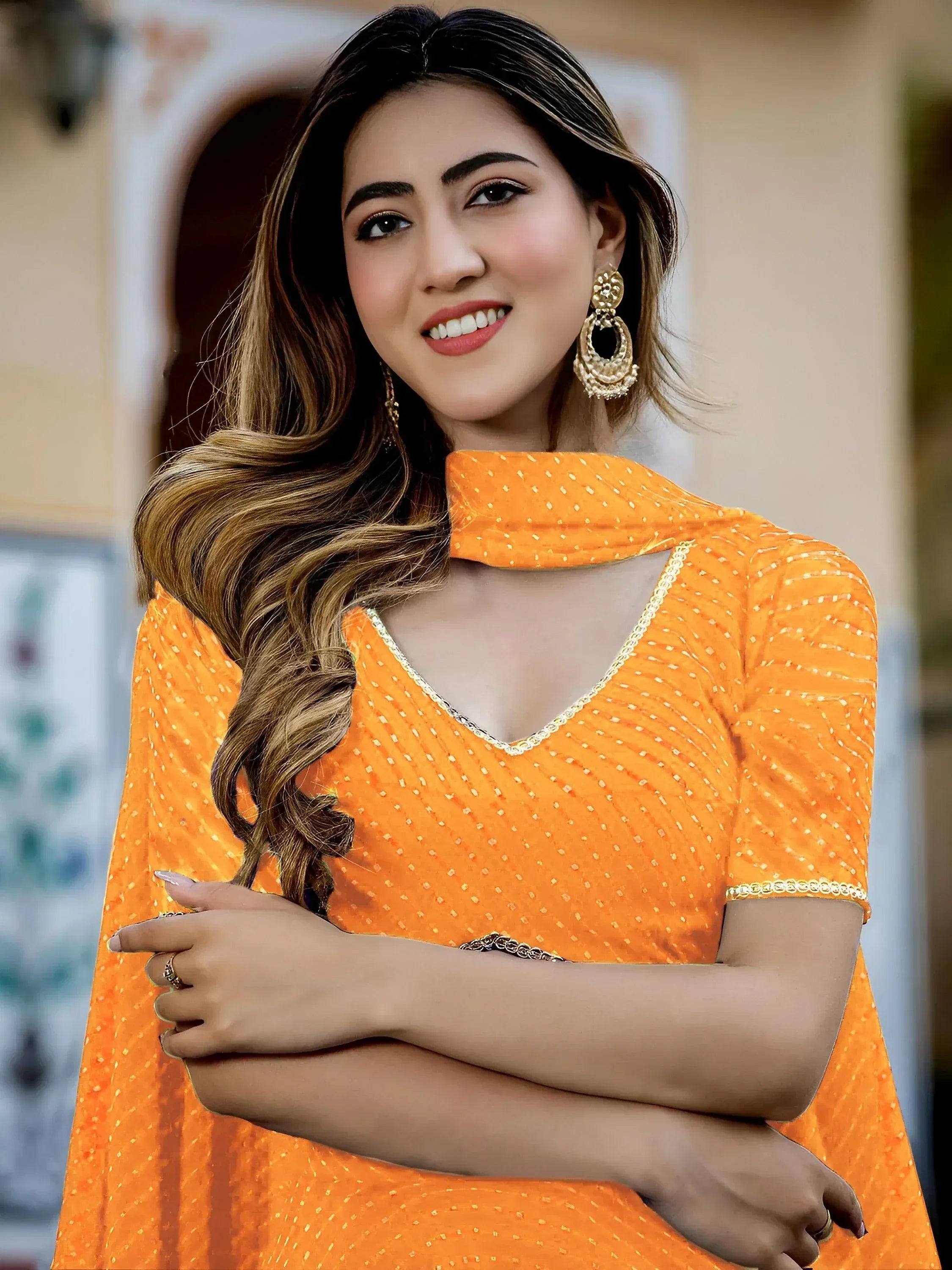 Pretty Orange Laheriya Print Georgette Wedding Lehenga Choli