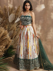 Enchanting White & Green Sequins Chinon Festival Wear Lehenga Choli