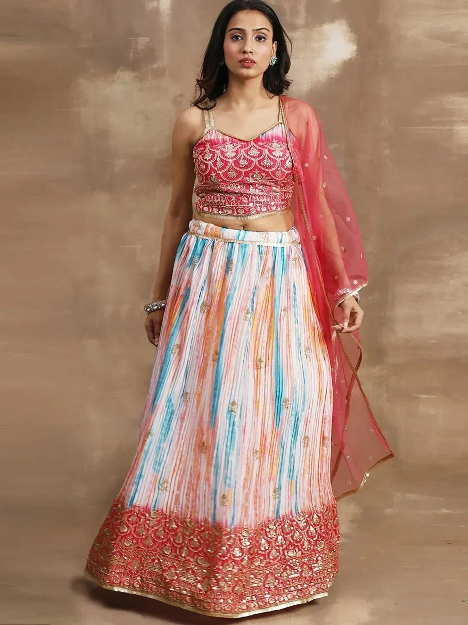 Fascinating White & Pink Zari Work Chinon Event Wear Lehenga Choli