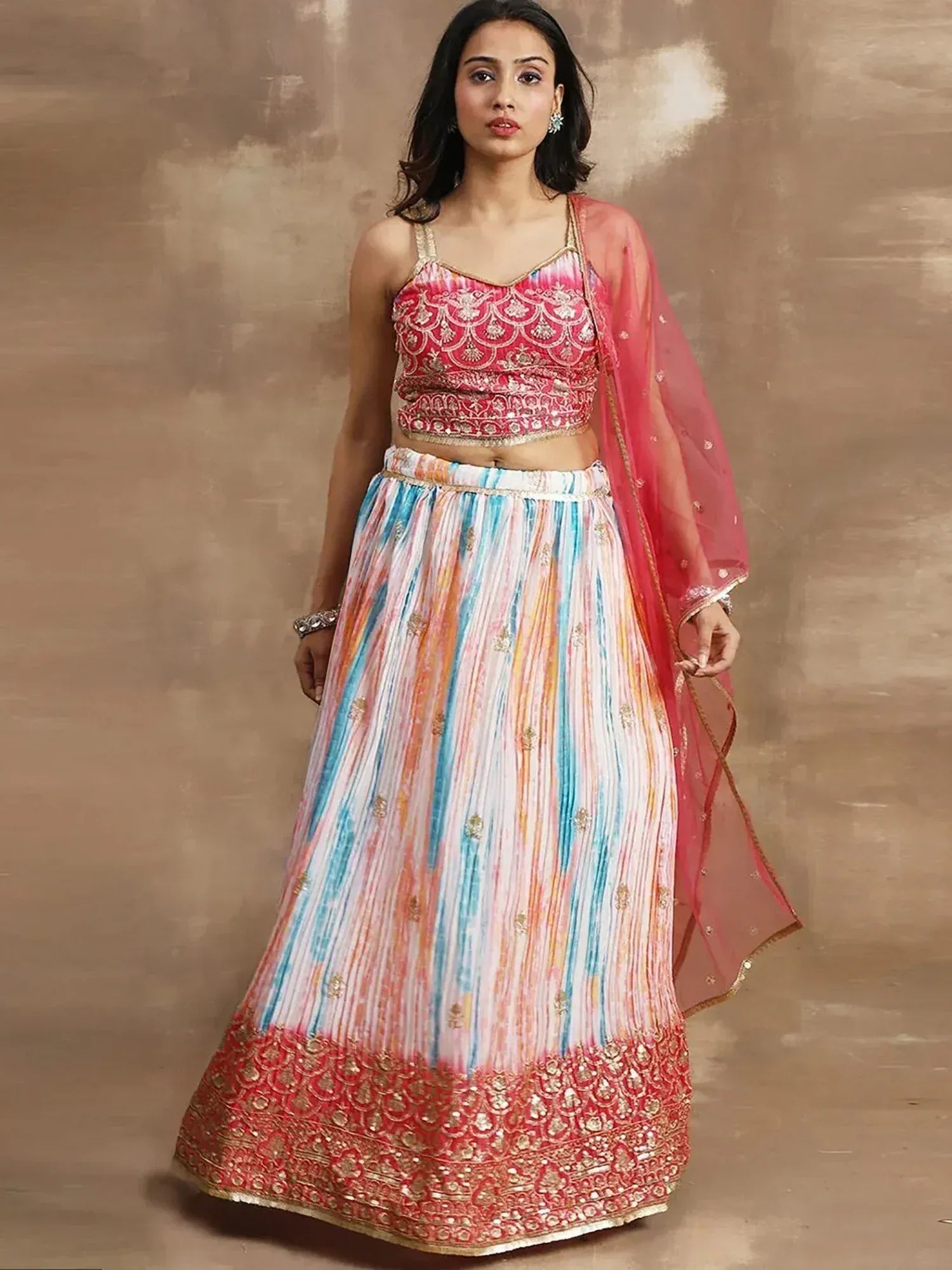 Pink embroidered lehenga choli with colorful tie-dye skirt and sheer dupatta, Indian ethnic wear