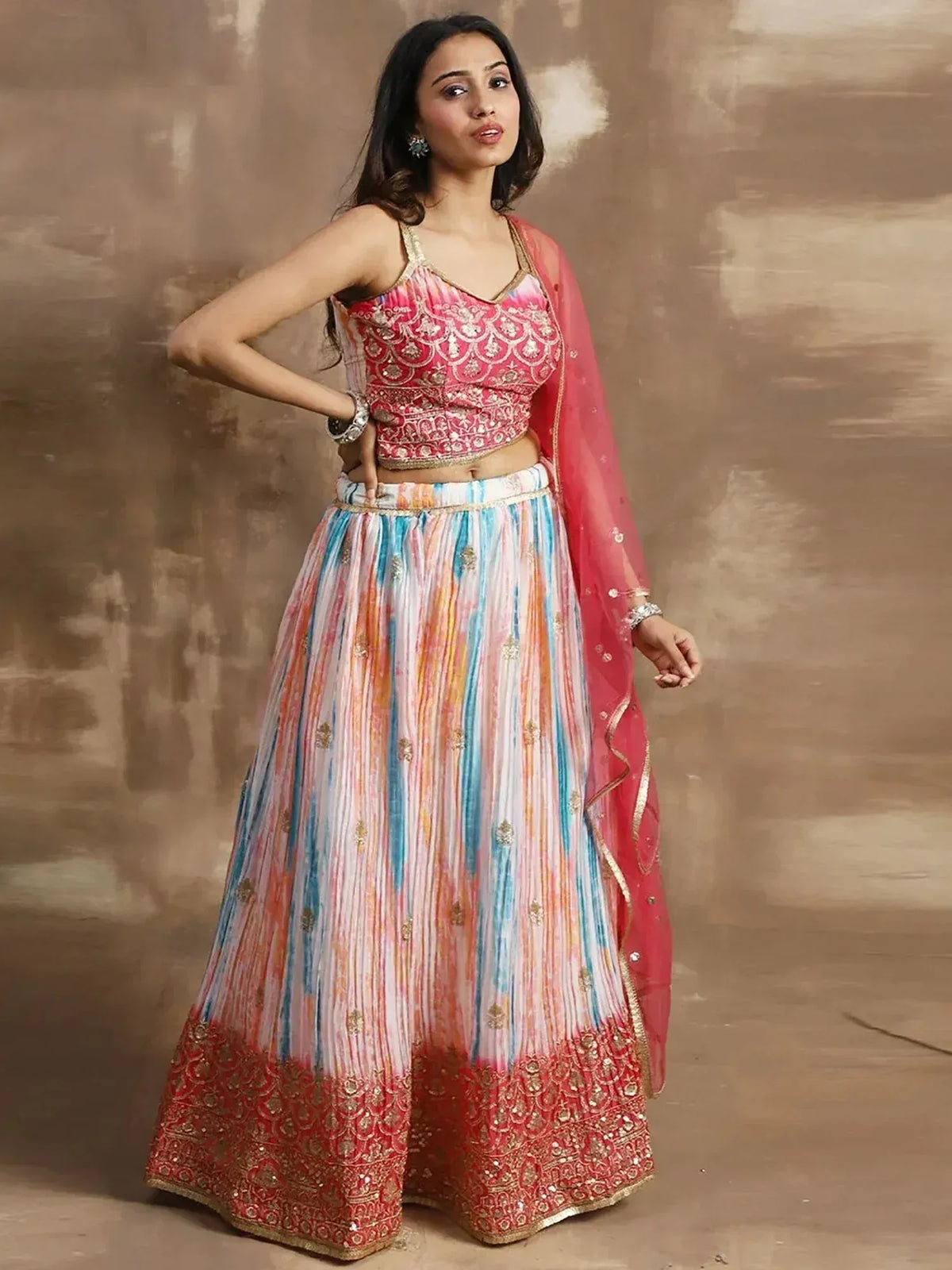 Pink and multicolor embroidered lehenga choli with dupatta, Indian ethnic wear for women
