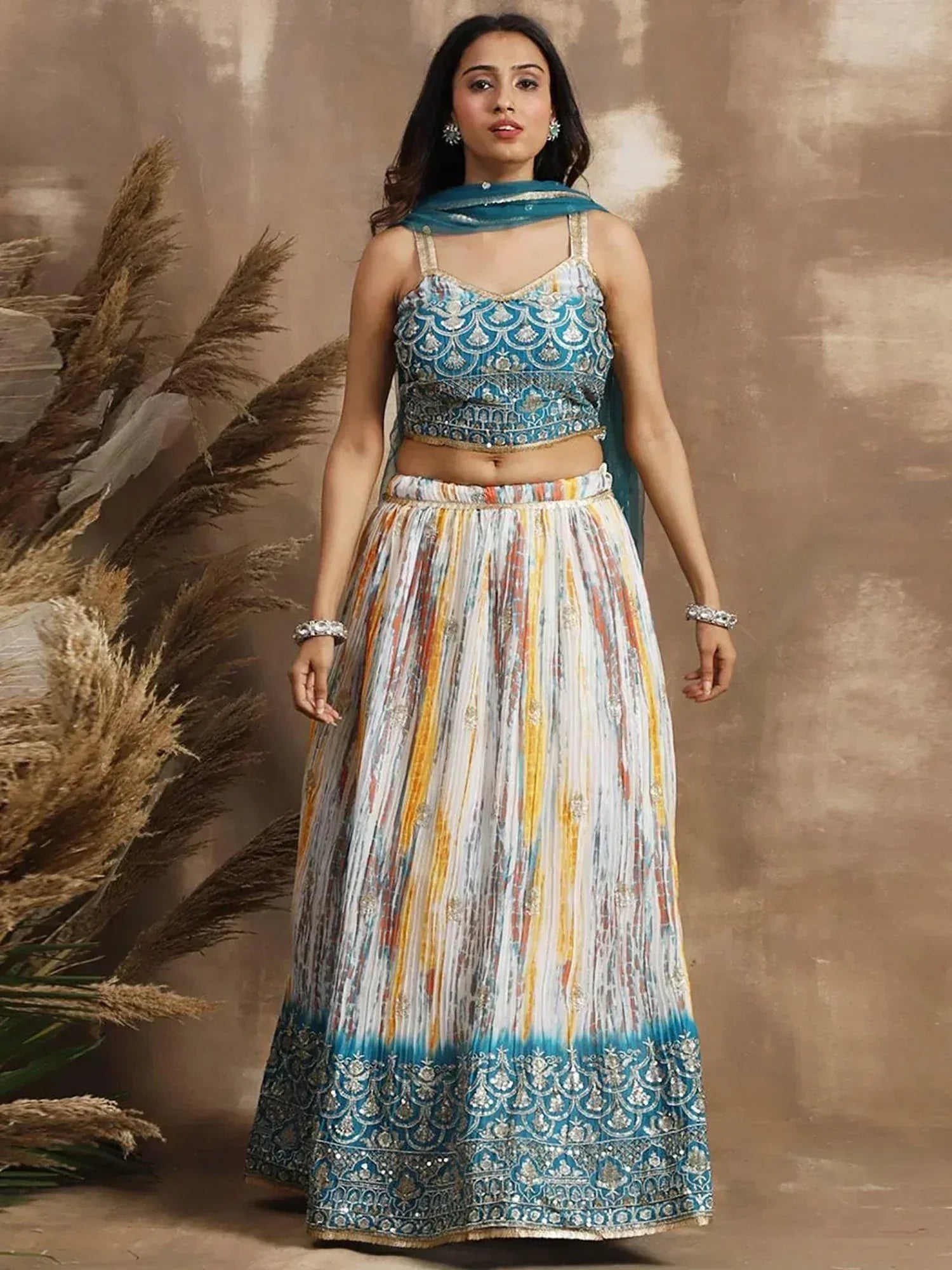 Blue and multicolor embroidered lehenga choli with pleated skirt and dupatta, Indian ethnic wear