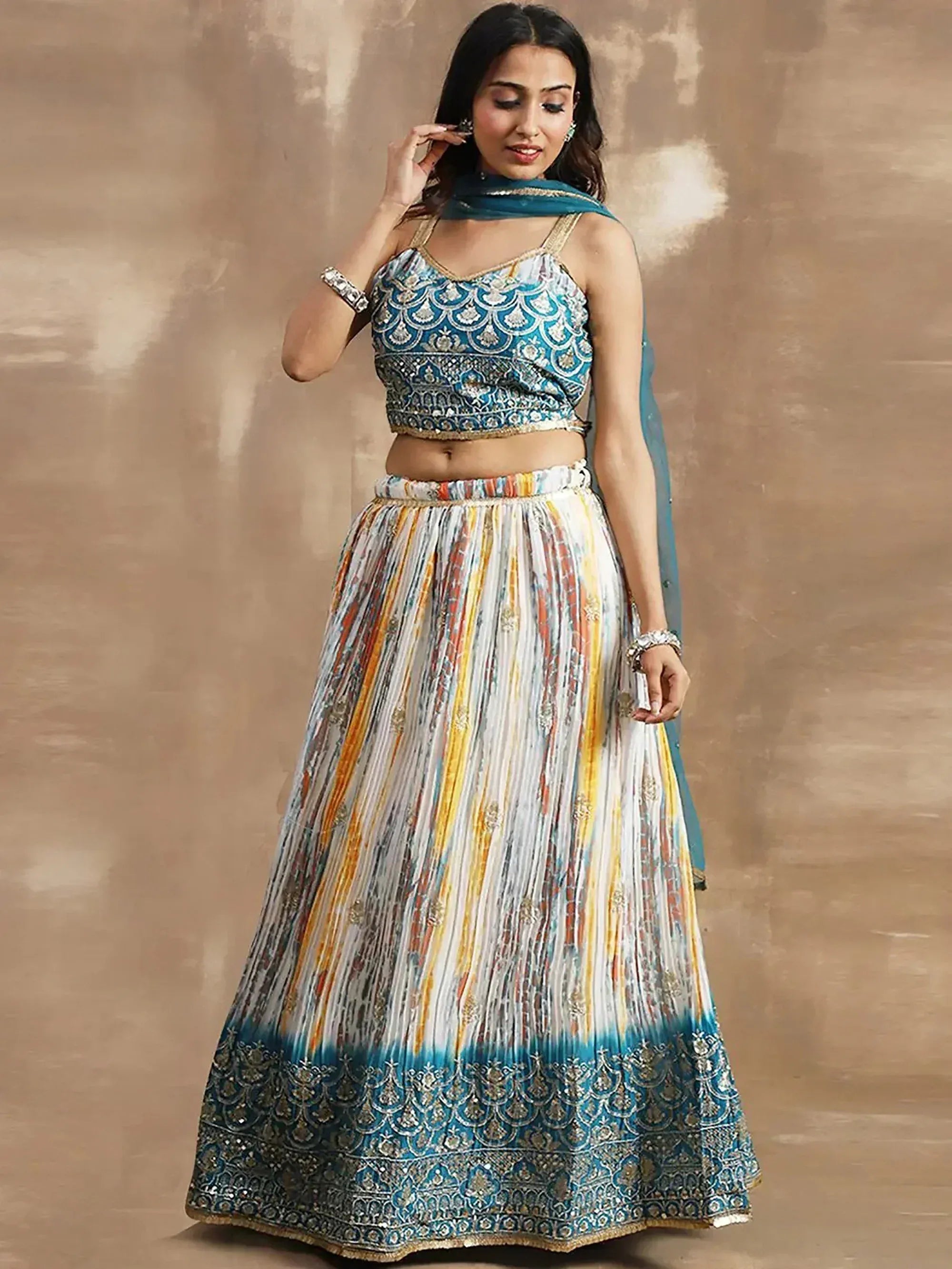 Blue and multicolor embroidered lehenga choli with pleated skirt and dupatta, Indian ethnic wear