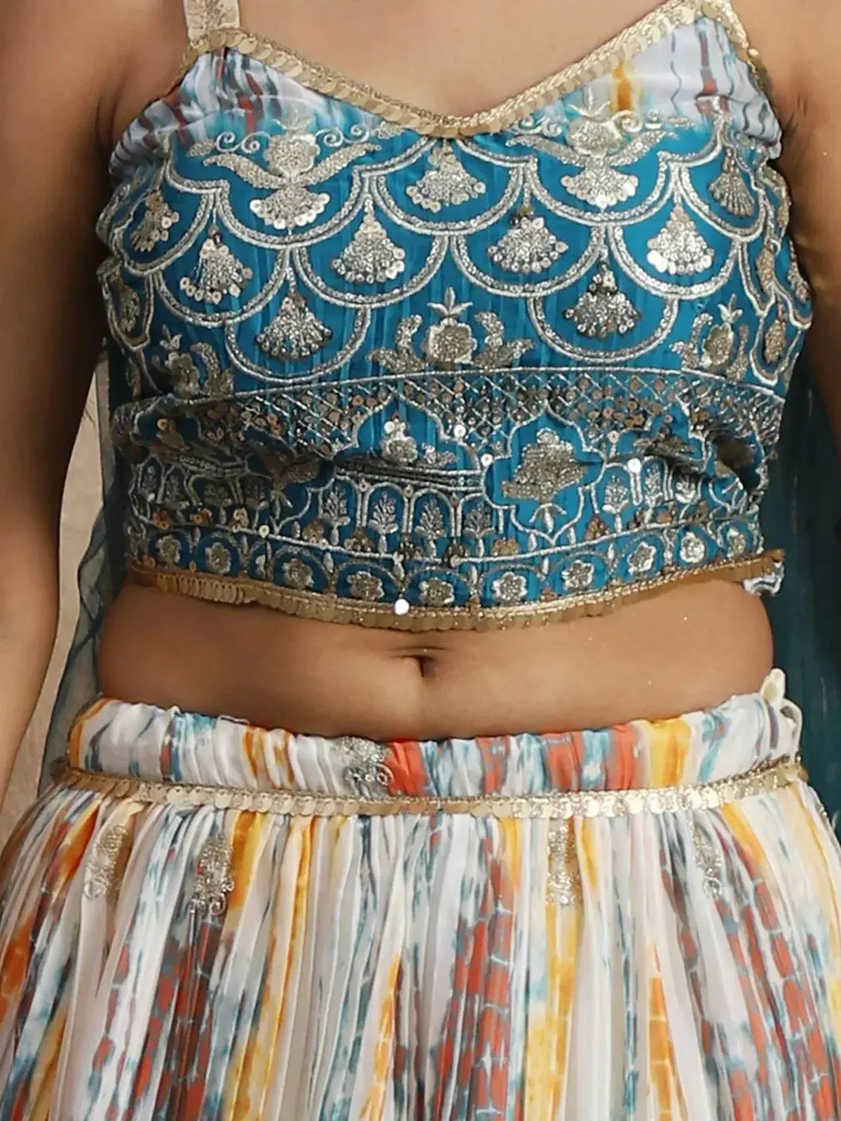 Blue embroidered lehenga choli top with silver work and colorful pleated skirt, Indian ethnic wear