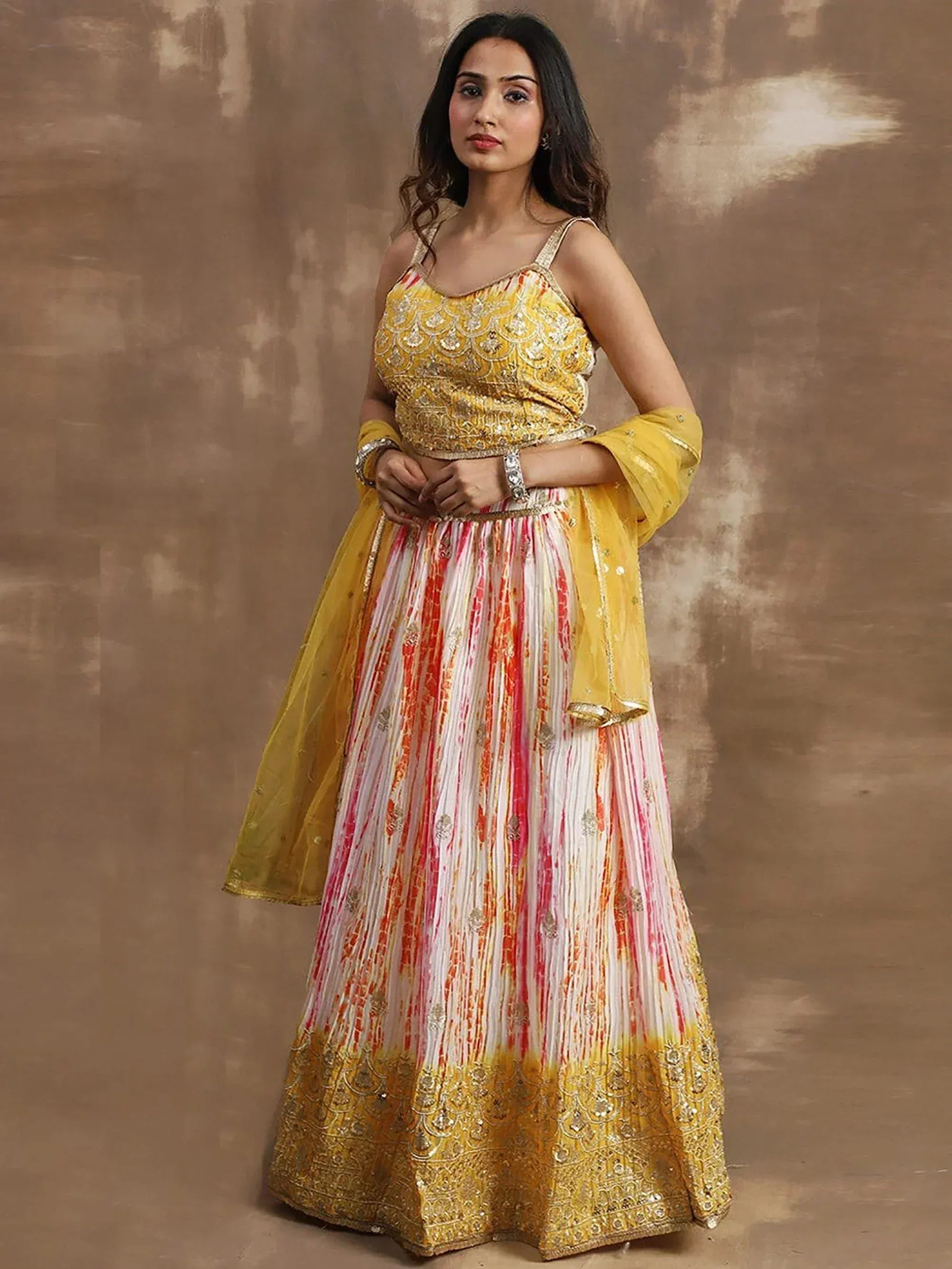 Yellow and white embroidered lehenga choli with dupatta, Indian ethnic wear for women