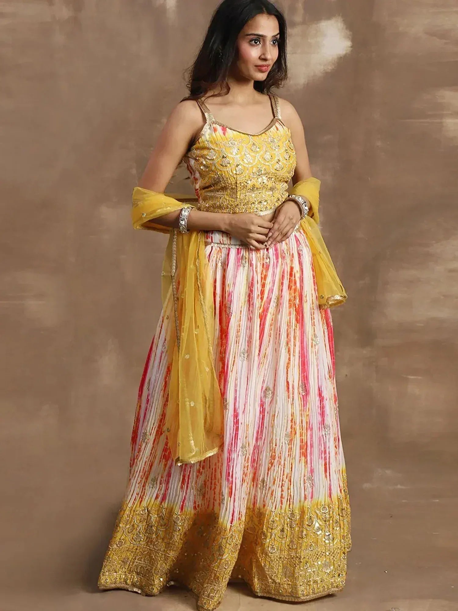 Yellow and pink embroidered lehenga choli with dupatta, Indian ethnic wear for women