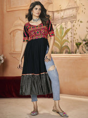 Beautiful Black Color Embroidered Rayon Navratri Wear Long Kurti