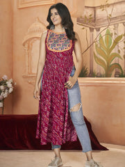 Incredible Rani Color Embroidered Rayon Navratri Wear Kurti