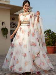 Magnetic White Floral Printed Organza Festival Wear Lehenga Choli