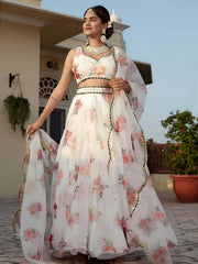 Magnetic White Floral Printed Organza Festival Wear Lehenga Choli
