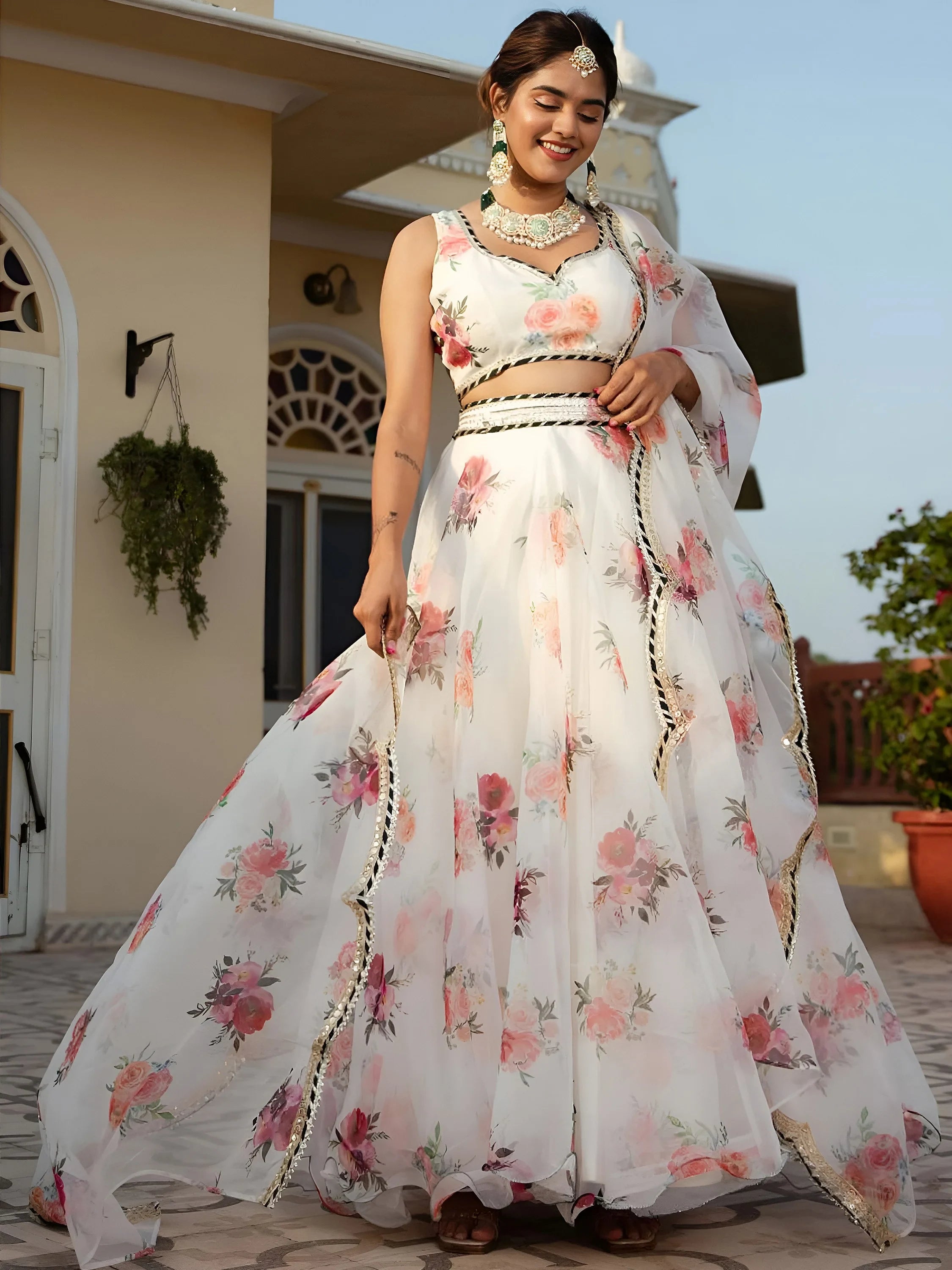 Magnetic White Floral Printed Organza Festival Wear Lehenga Choli