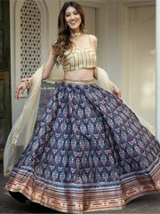 Beautiful Navy Blue Digital Printed Art Silk Reception Wear Lehenga Choli