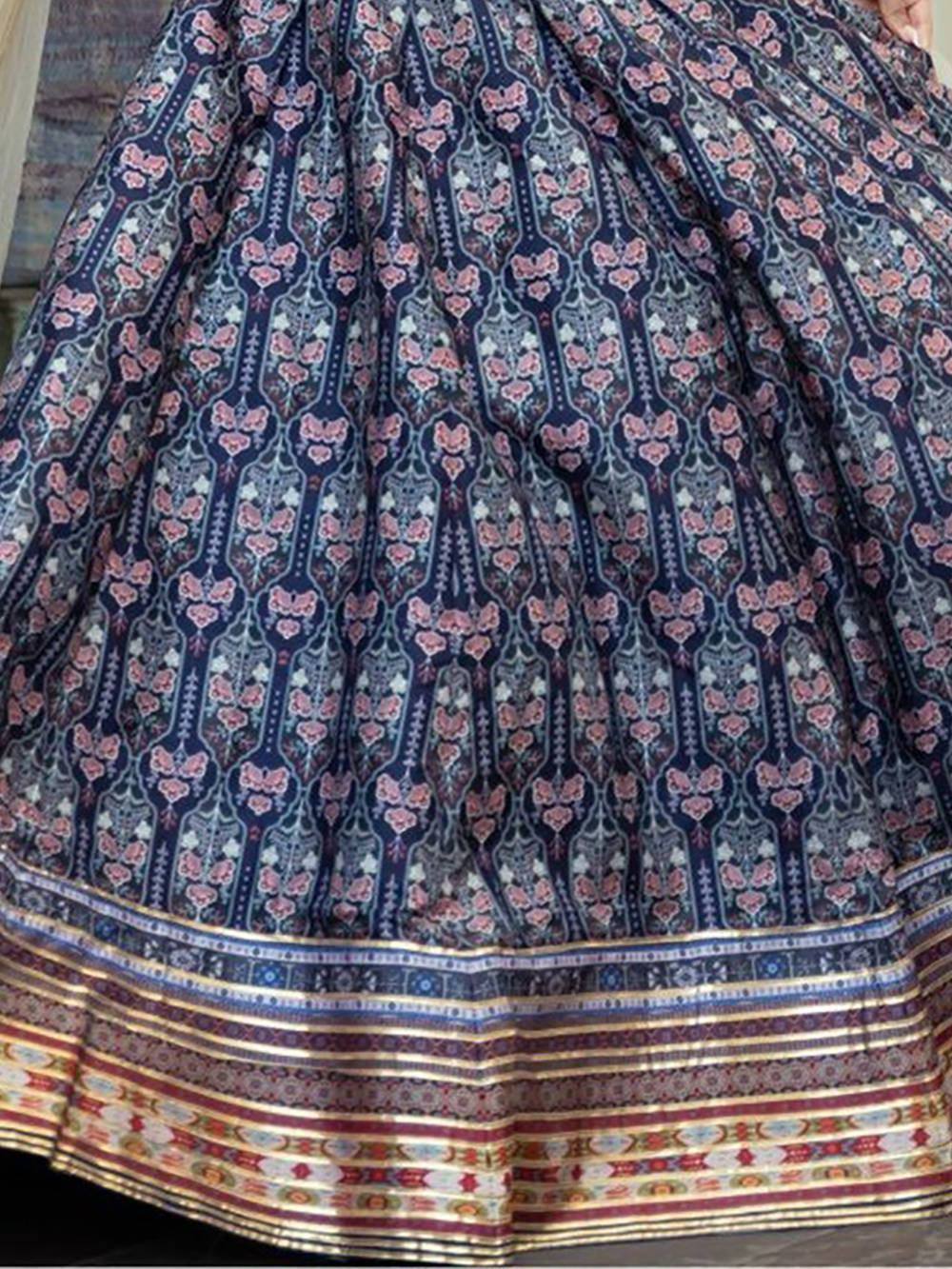 Blue floral printed lehenga skirt with intricate border, ethnic Indian wear