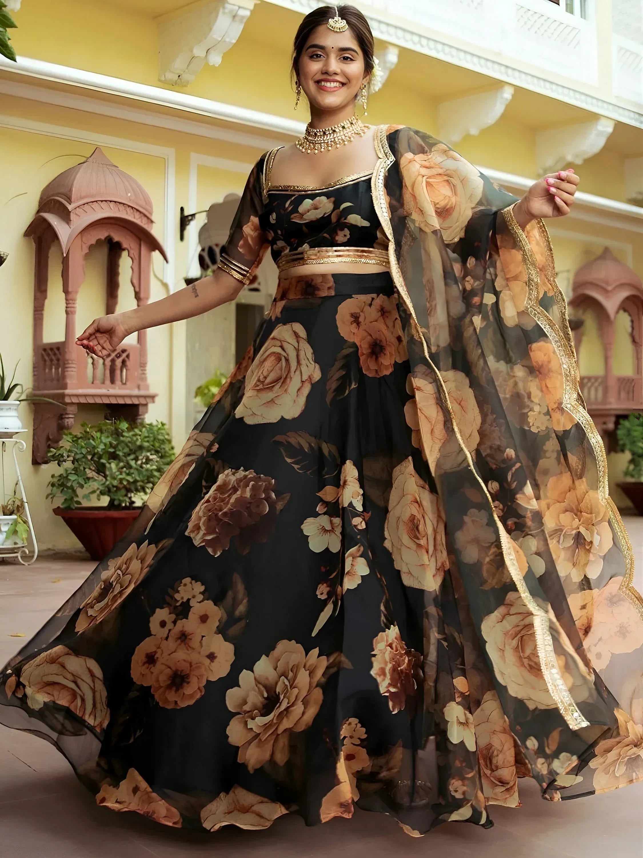 Beautiful Black Floral Printed Organza Event Wear Lehenga Choli