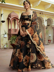 Beautiful Black Floral Printed Organza Event Wear Lehenga Choli