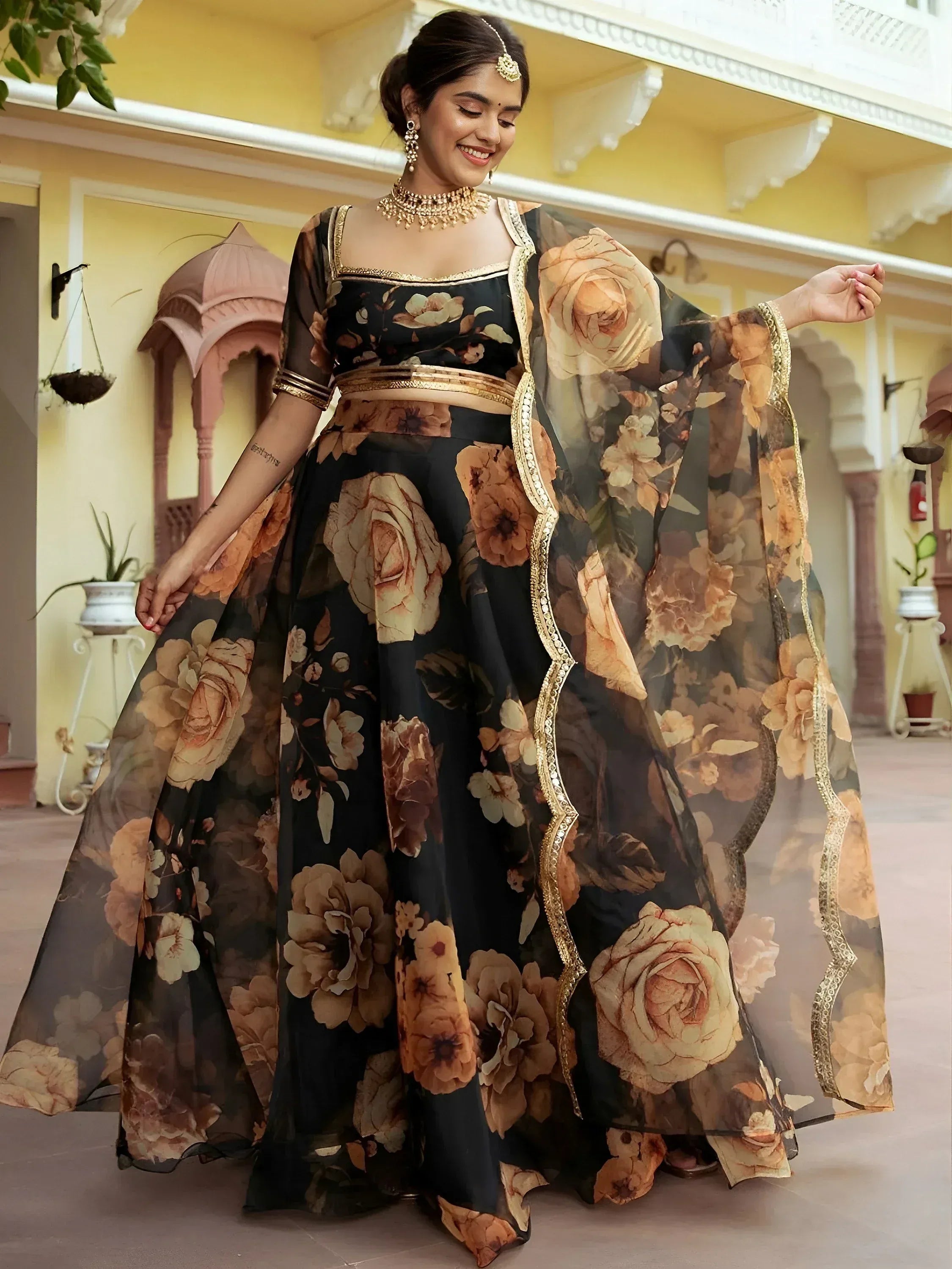 Beautiful Black Floral Printed Organza Event Wear Lehenga Choli
