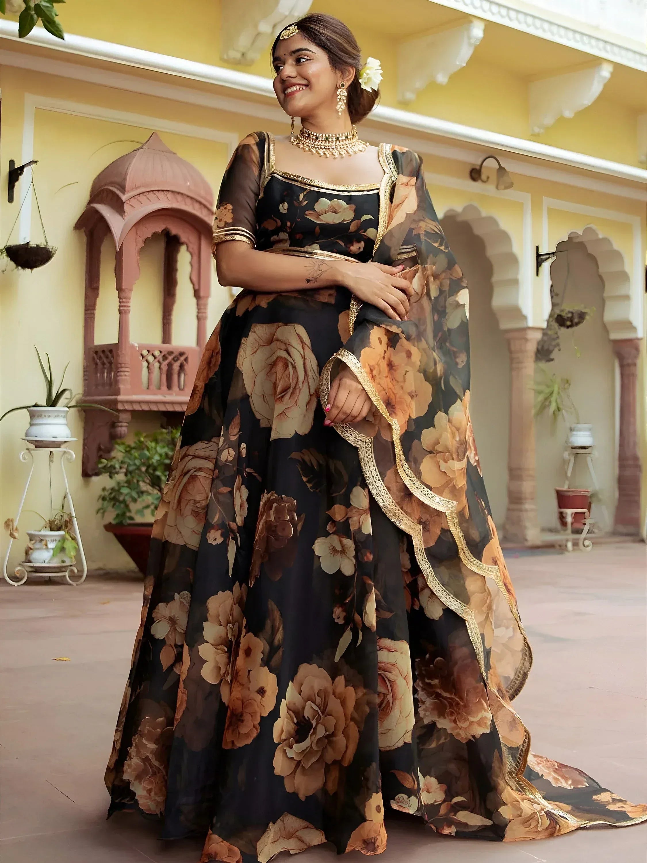 Beautiful Black Floral Printed Organza Event Wear Lehenga Choli