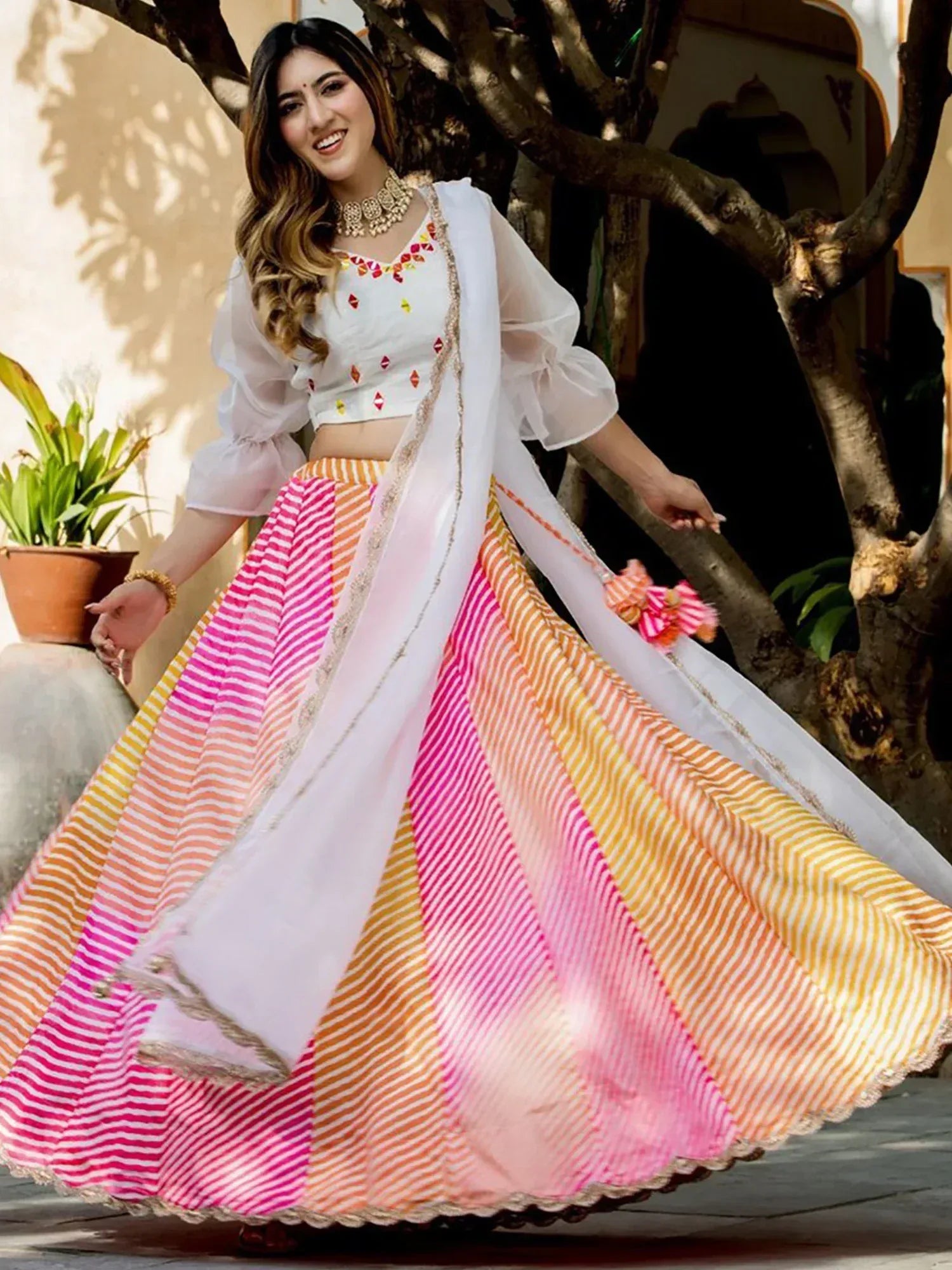 Pretty Multi-Color Leheriya Printed Art Silk Sangeet Wear Lehenga Choli