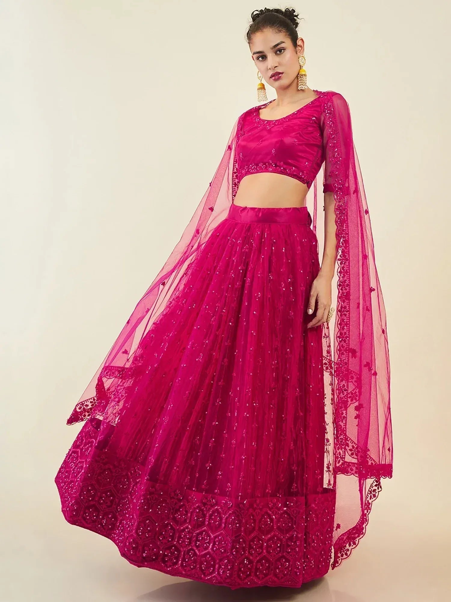 Fuchsia pink embroidered lehenga choli with sheer dupatta for Indian ethnic wear