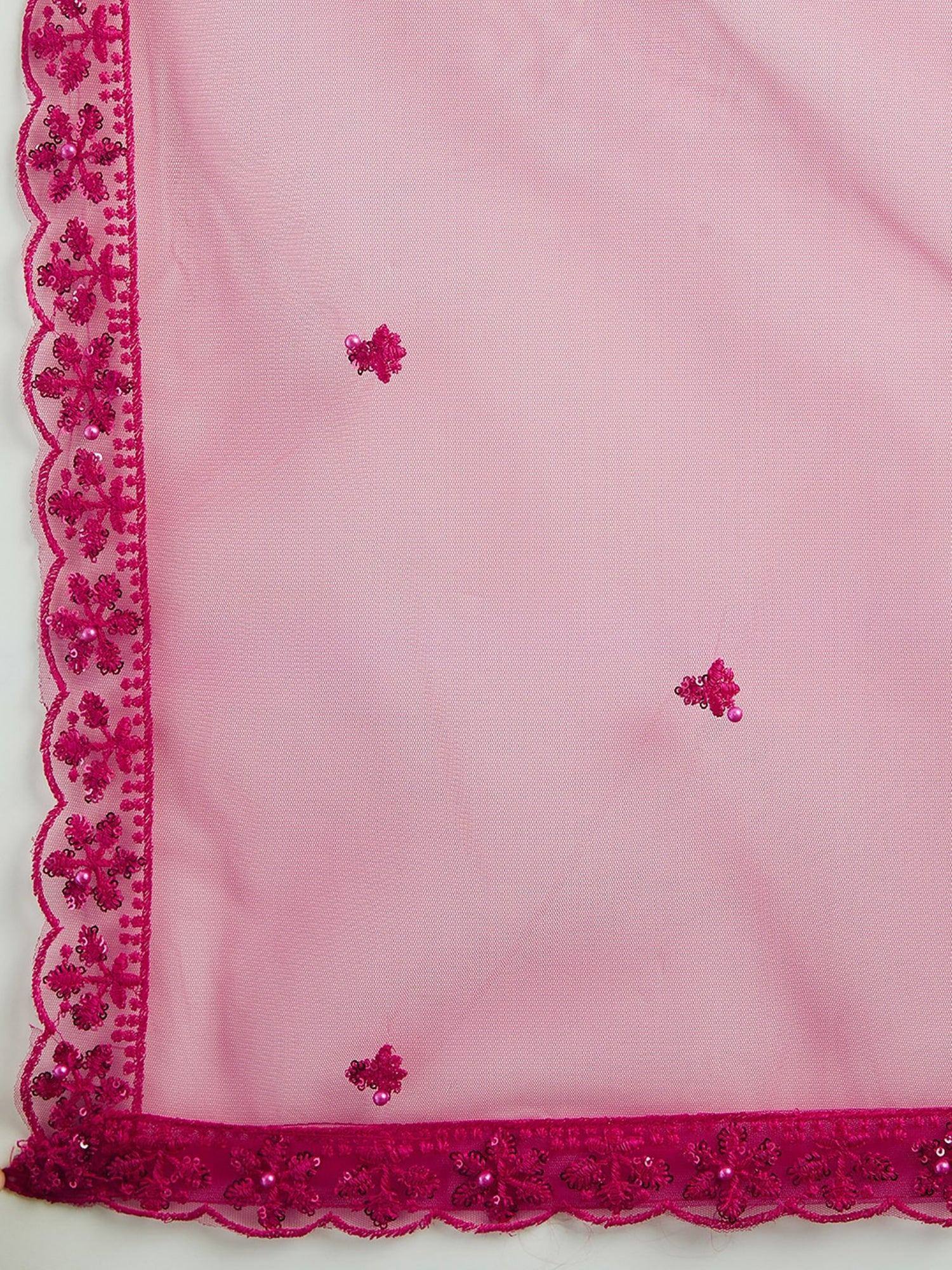 Pink ethnic dupatta with floral lace border and sequin embellishments