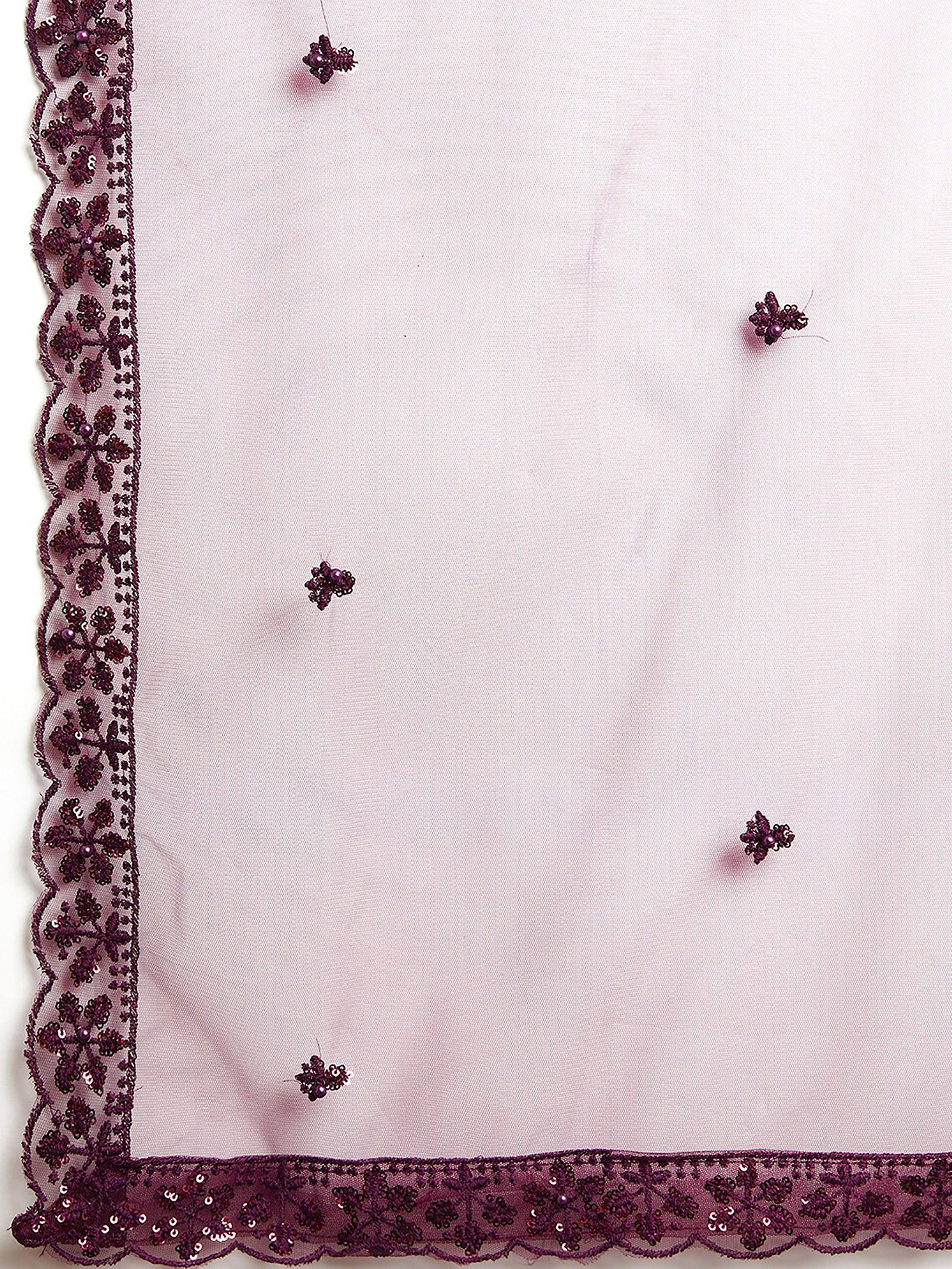 Elegant purple embroidered dupatta with floral lace borders and scattered beadwork for ethnic wear