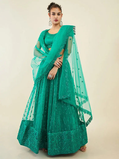 Dazzling Teal Green Sequins Net Lehenga Choli With Dupatta