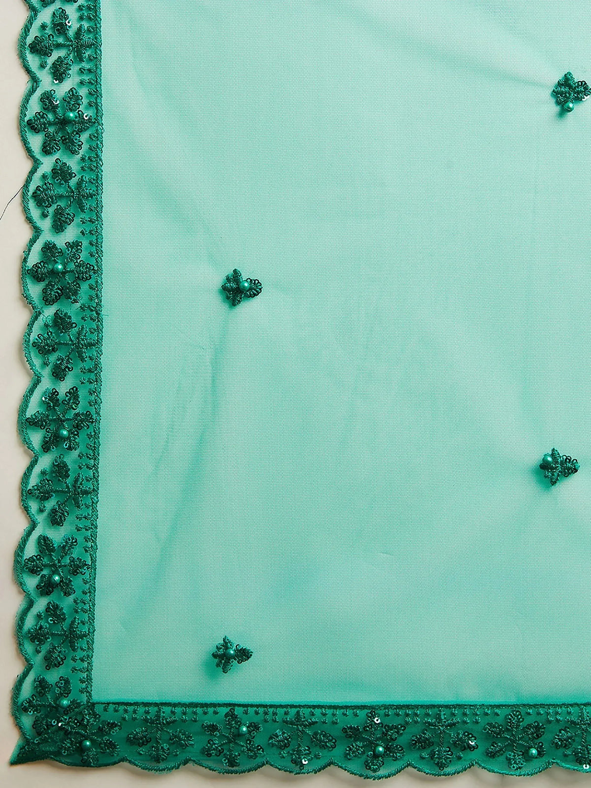 Emerald green embroidered dupatta with floral lace and bead detailing for ethnic wear