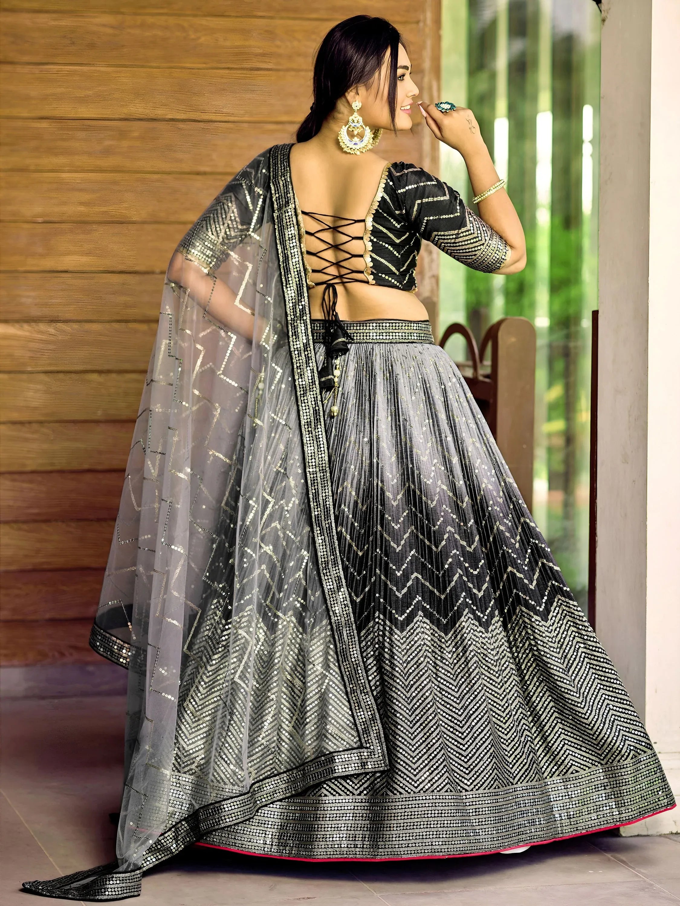 Fabulous Black Sequins Chinon Reception Wear Lehenga Choli