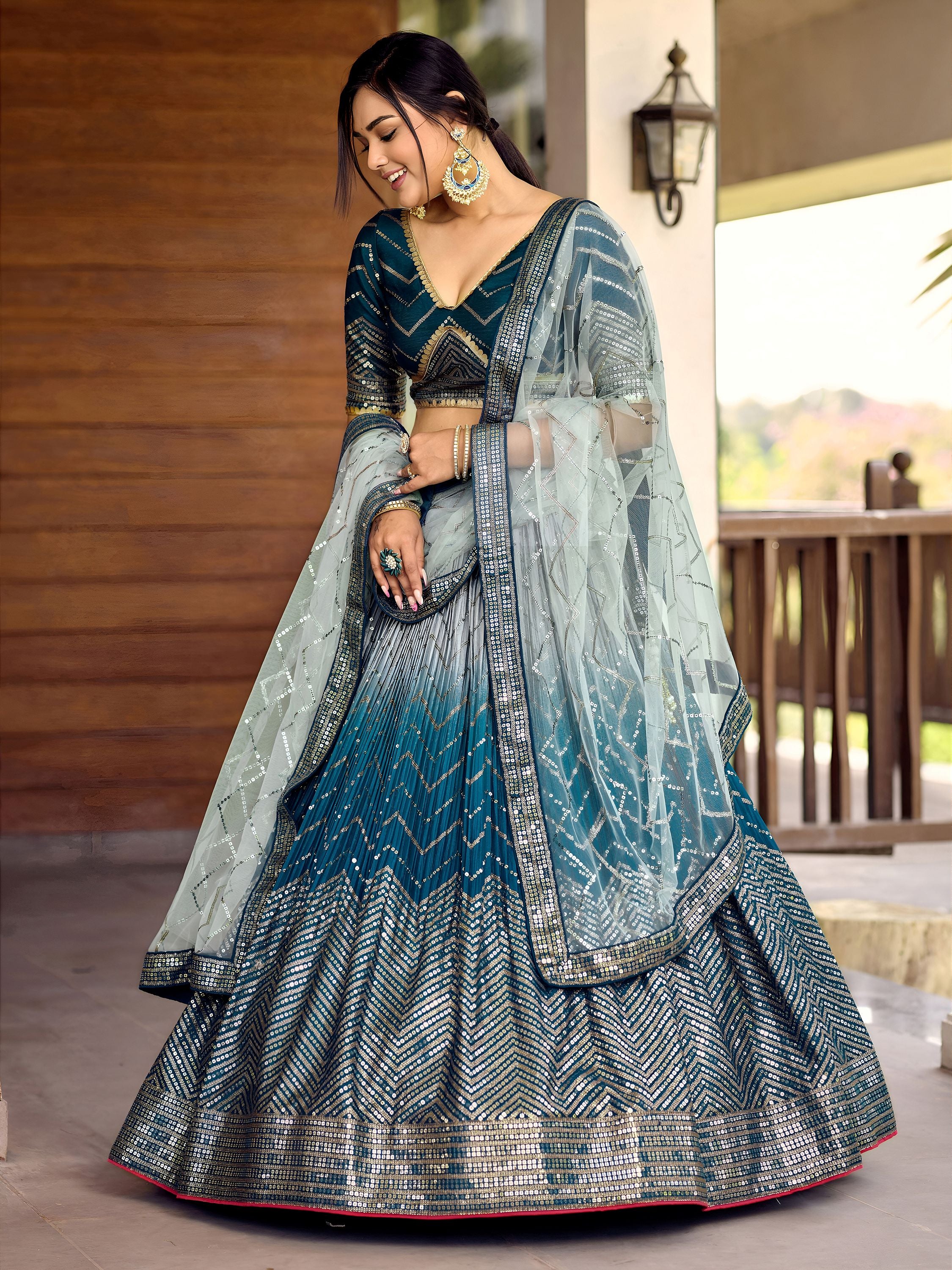Wonderful Blue Sequins Chinon Function Wear Lehenga Choli