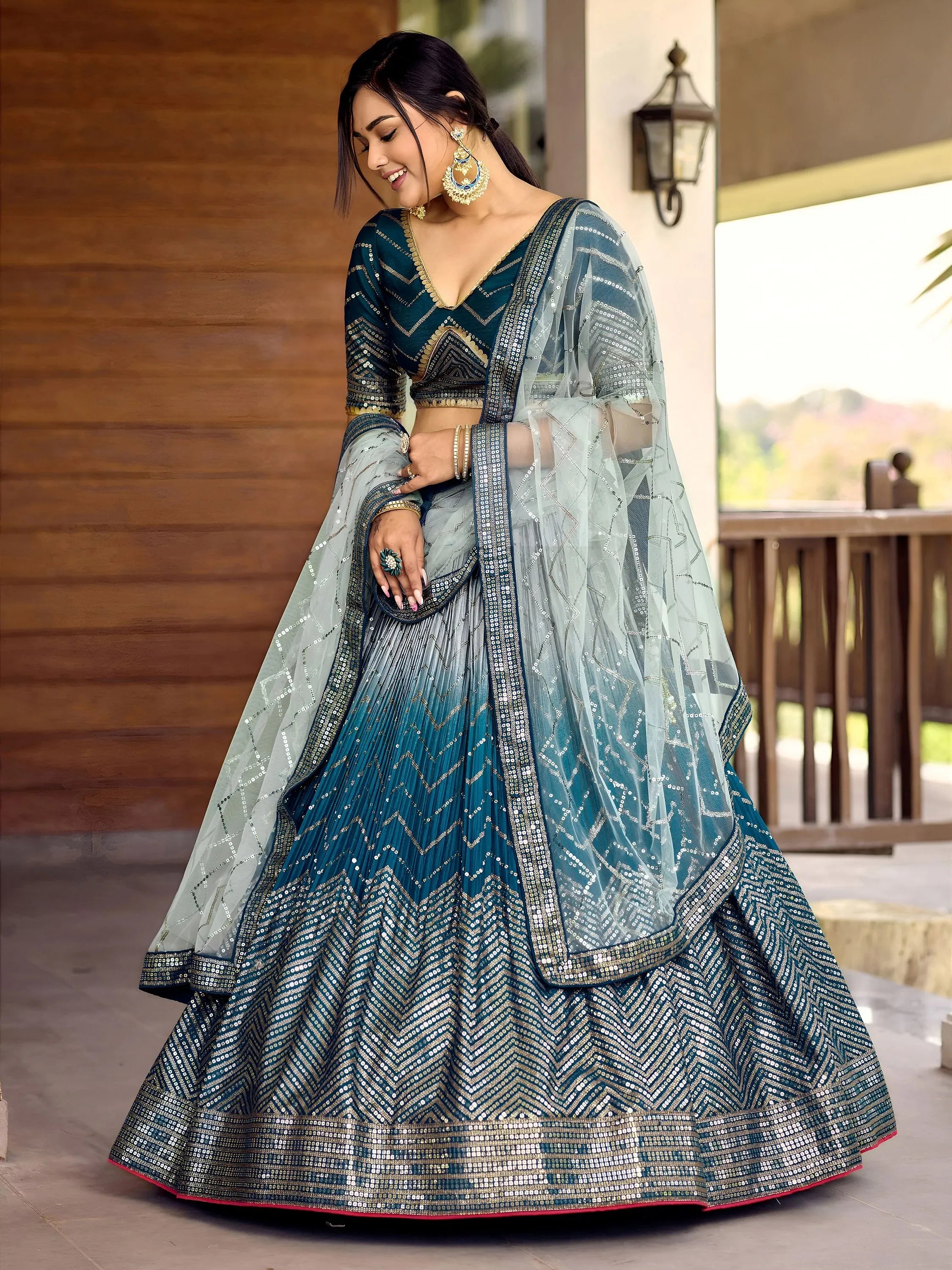 Wonderful Blue Sequins Chinon Function Wear Lehenga Choli
