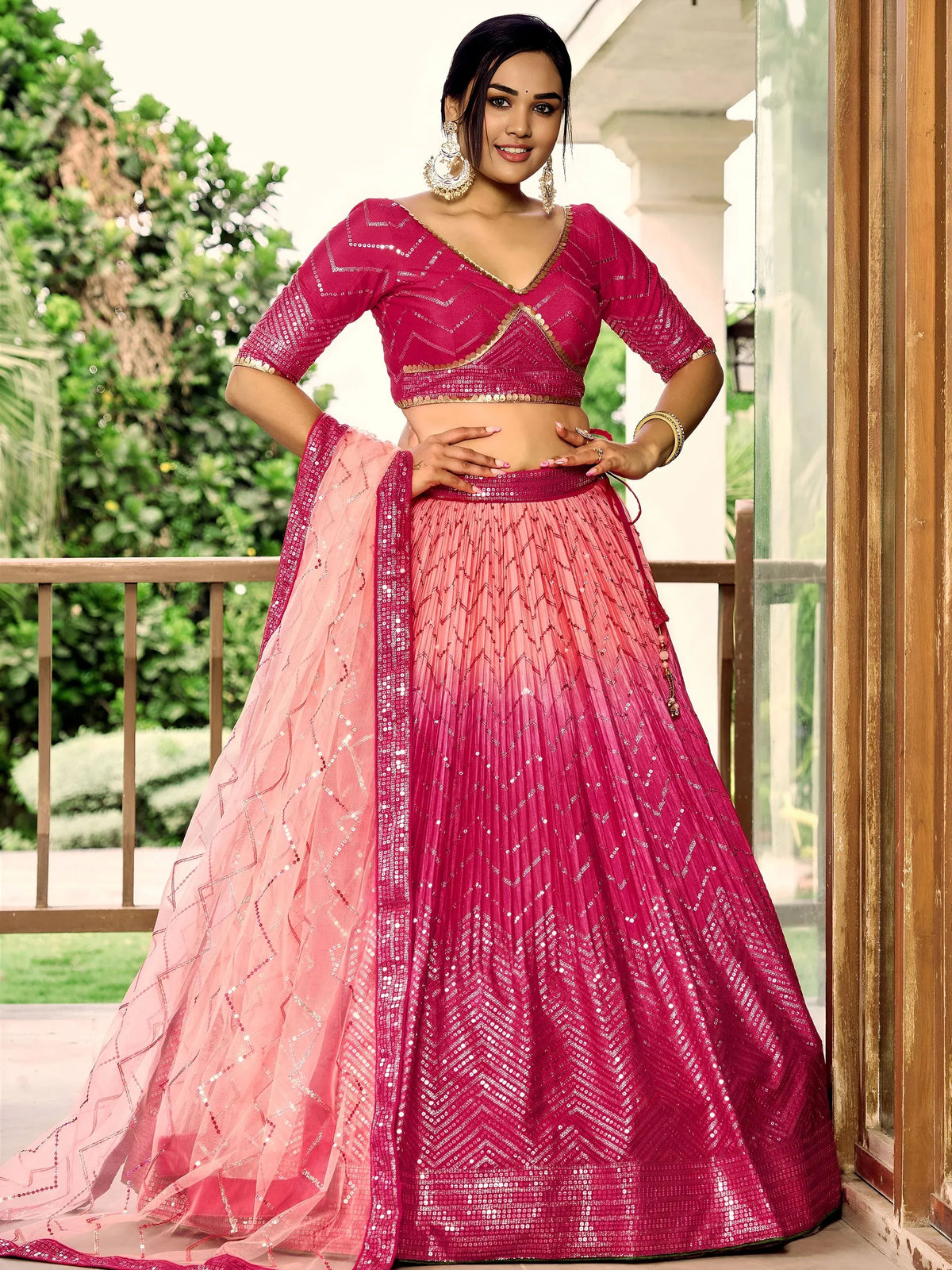 Marvelous Pink Sequins Chinon Wedding Lehenga Choli With Dupatta