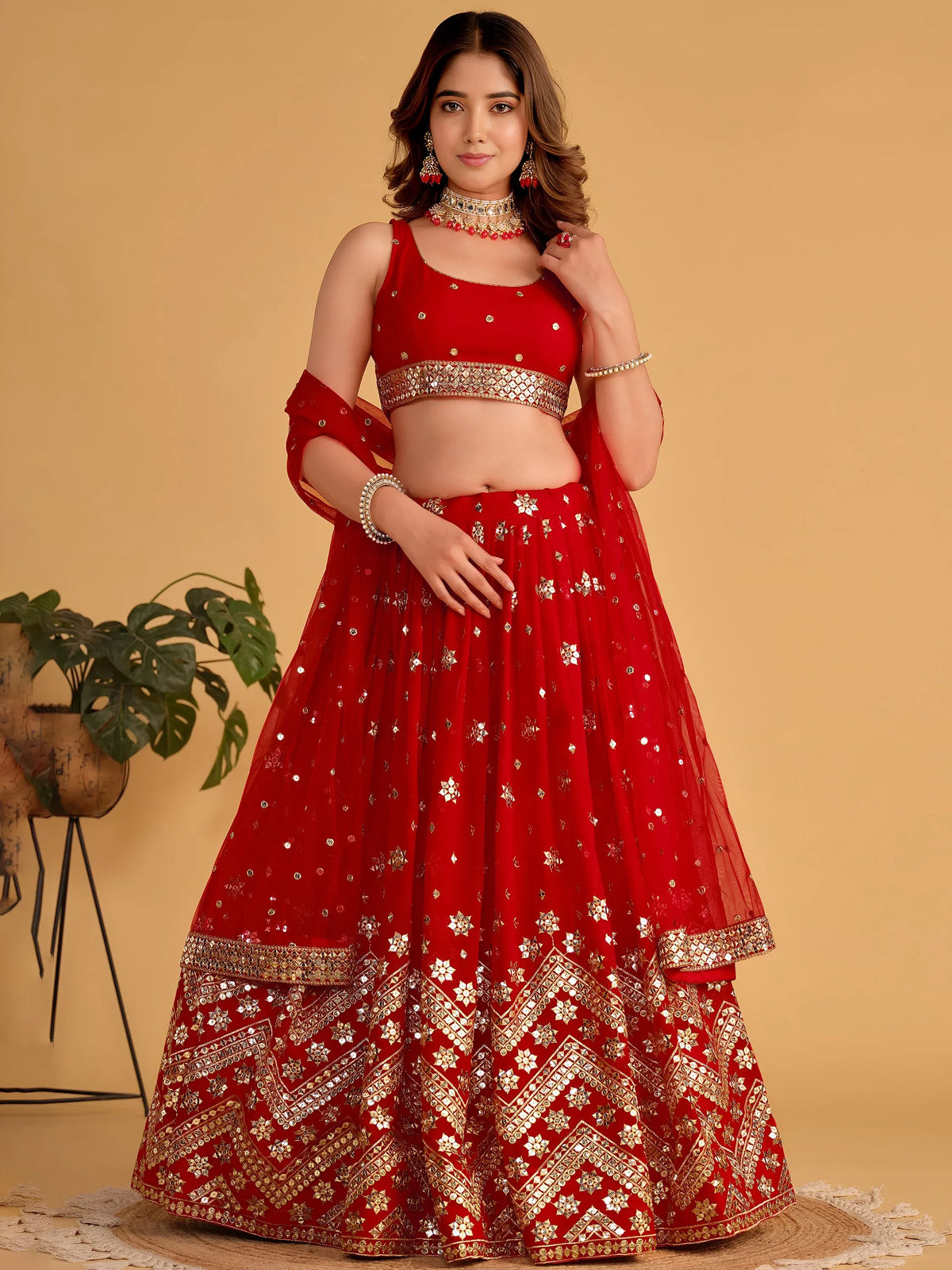Fascinating Red Sequins Georgette Wedding Lehenga Choli With Dupatta