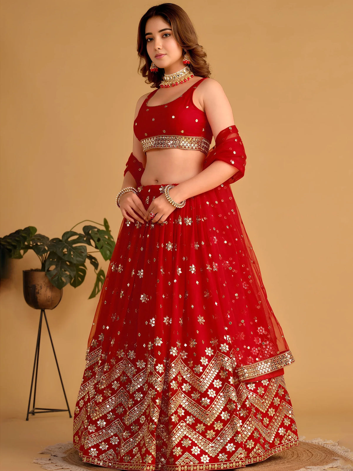 Fascinating Red Sequins Georgette Wedding Lehenga Choli With Dupatta