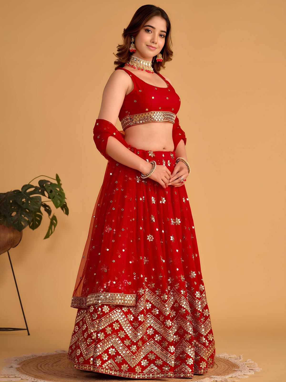 Fascinating Red Sequins Georgette Wedding Lehenga Choli With Dupatta
