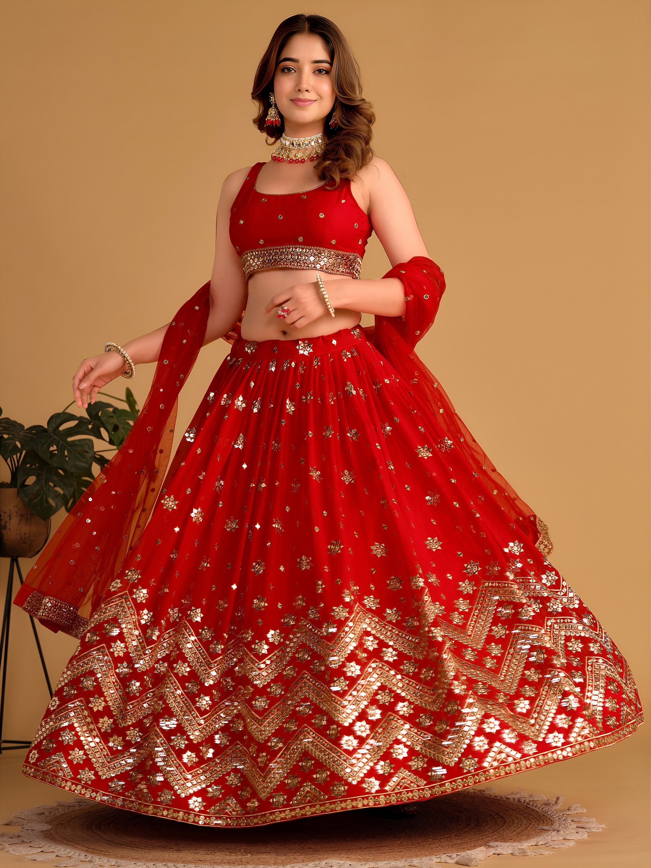Fascinating Red Sequins Georgette Wedding Lehenga Choli With Dupatta