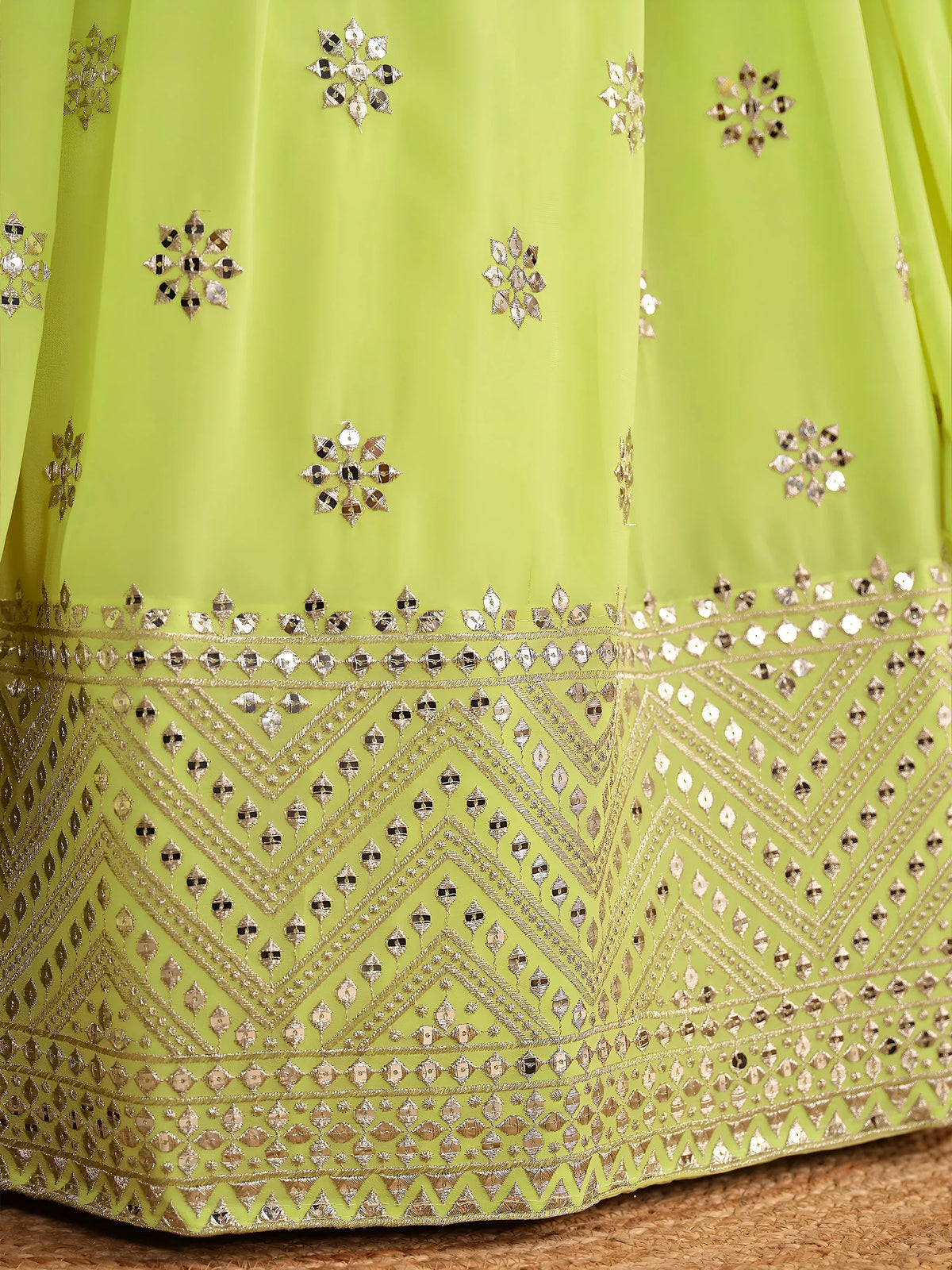 Stunning Lime Green Sequins Georgette Reception Wear Lehenga Choli